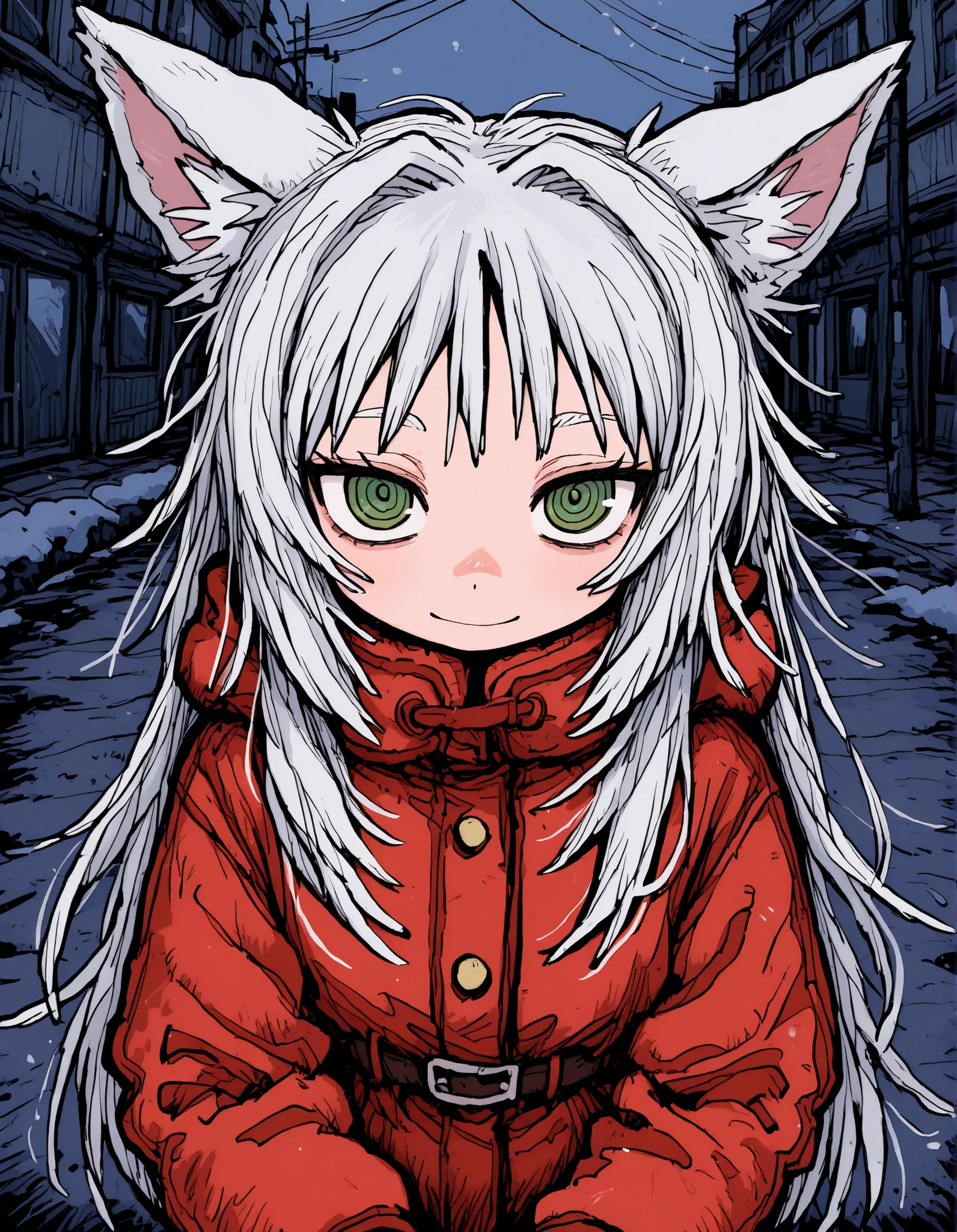 deppa, jaggy lines, hatching (texture), ringed eyes, cartoon,, anime, solo, BREAK, young fox girl, skinny and frail, (petite,cute:0.5), green eyes, looking at viewer, long hair, white hair, smile, winter clothes, outdoors, winte