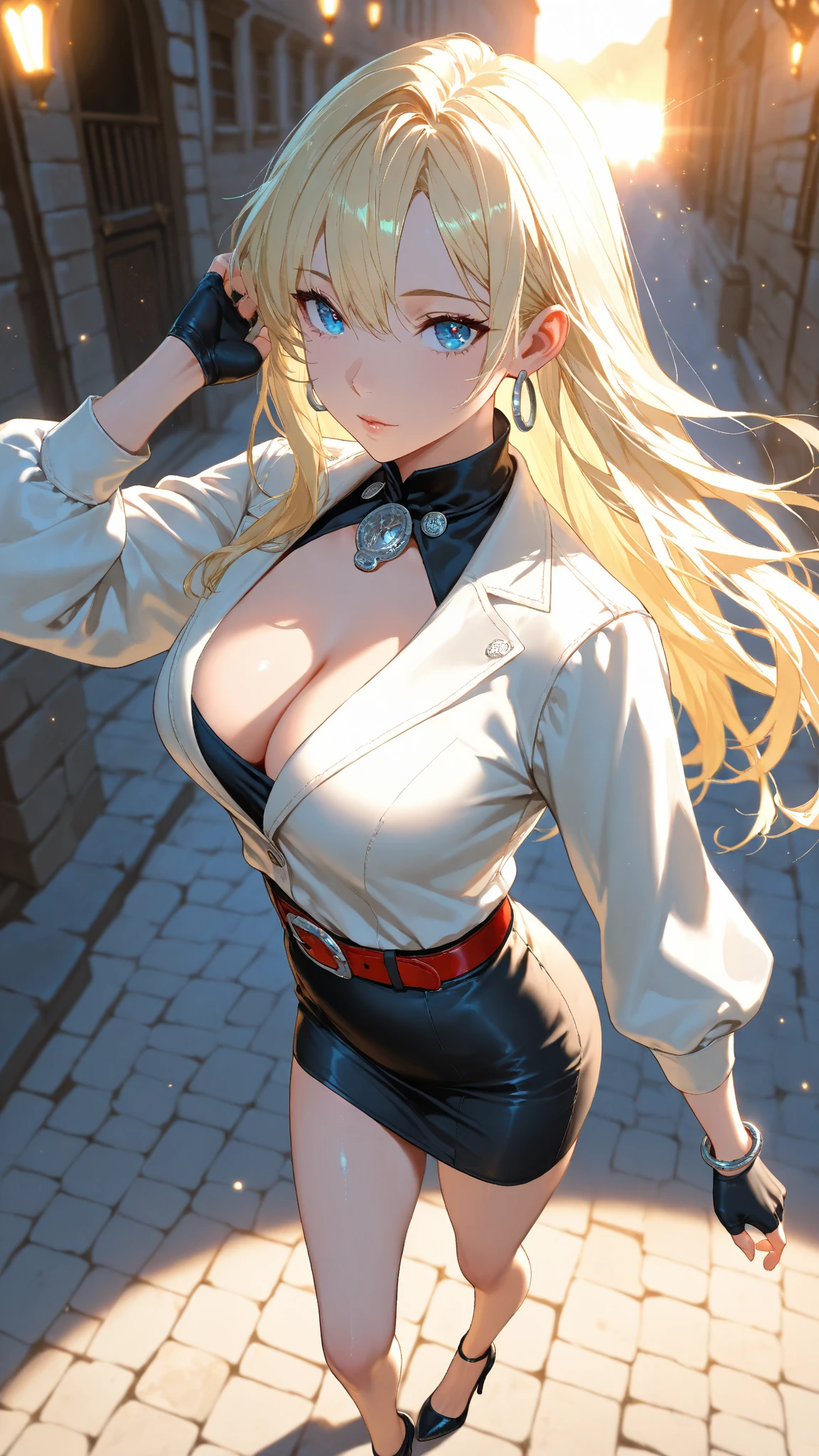 top-quality、realistic touch,high-detail、photoRealstic、、Long body、skirts that are too short、big eye、Her  are so swollen that they threaten to tear her clothes.......、Strong platinum blonde eyelashes、platinum-blonde、Beautie、A sexy、full body Esbian、Sparkling eyes、Submissive smile、Flushed cheeks、Kamimei、thin-waist、Sleeveless、Voluptuous thighs、Enraptured look、shiny rubber material、High school student in blazer