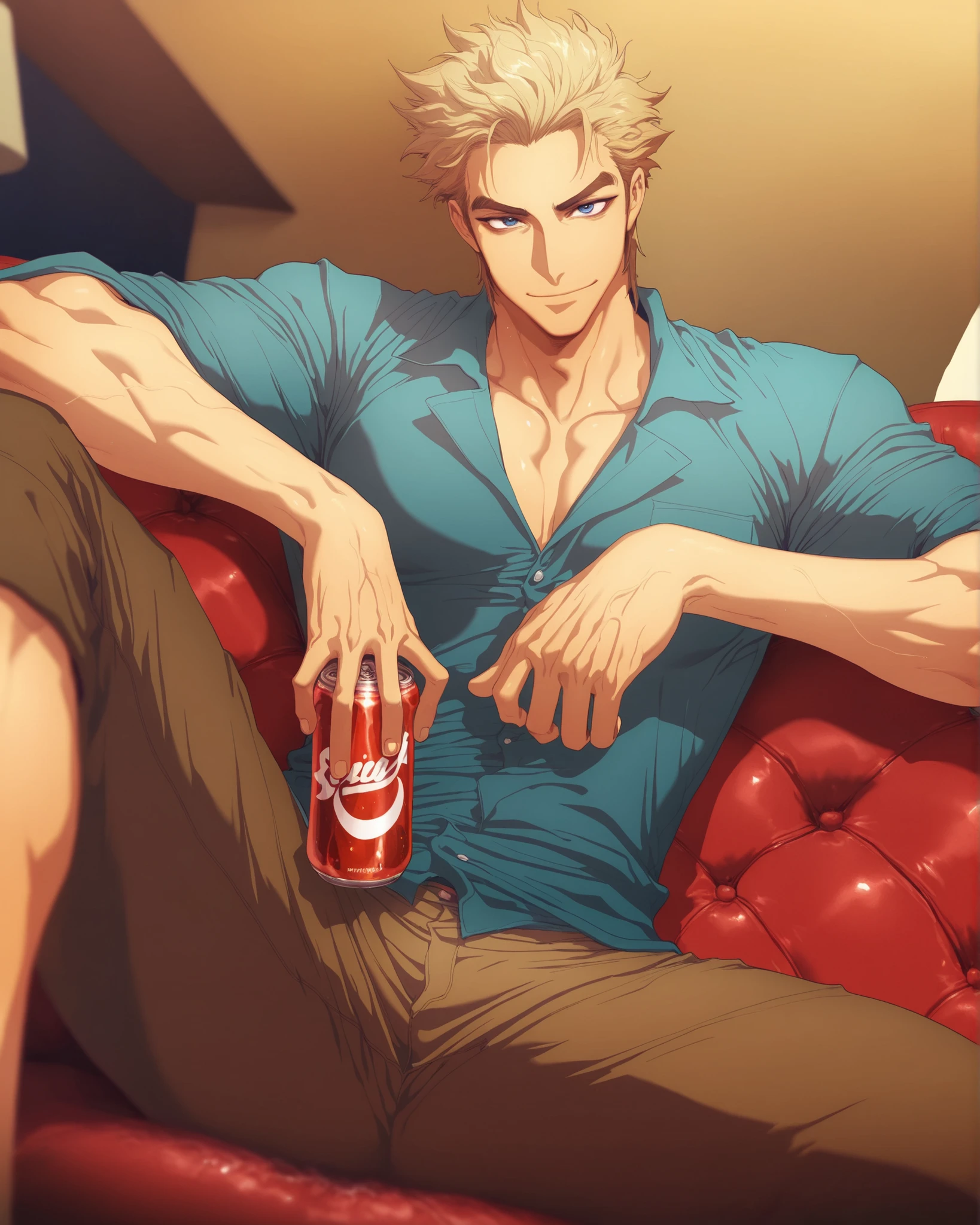 (mazjojo:0.67), (pigeon666:0.83), (zawar379:0.73), fujii eishun, masterpiece, best quality, looking at viewer, 1boy,mature male,blonde,wavy bang,tidy hair,blue eyes,muscular,open blue beach shirt,brown short pants,sitting on couch,chuckle,holding a soda can