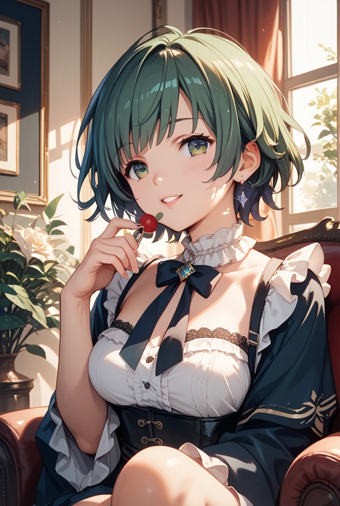 ((Ultra-detailed)), (top-quality),((masutepiece)), ((Super exciting)), ((8K)), ((1080p)), ((extremely clear)), ((Very sophisticated)), ((Anime Graphics)) ((Anime quality)), ((Anime Illustration)), ((Perfect Lighting)), ((Glowing skin)), ((。.3D)), ((Upper body)), ((Perfect )), ((Solo)), ((girl with)), ((Dark green hair)), ((Short hair:1.5)), ((Ahoge)), ((slanted eye)), ((emerald eyes:1.2)), (Double eyelids), ((long eyelashes)), ((Thin eyebrows)), ((Slender body)), ((Detailed face description)), ((Realistic skin texture)), ((depth of fields)), ((Attractive makeup)), ((Rose Earrings)), ((rose necklace:1.5)), (closes mouth), (Look at viewers), (Bright background), ((Rose background)), ((roses)), ((rose accessory)), (Rose Park), (rose garden),