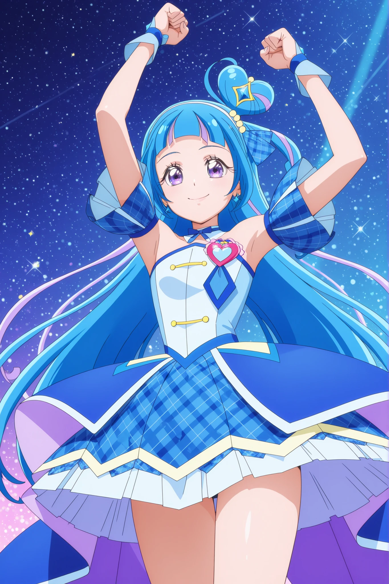 cure wink, kimi to idol precure, blue hair, magical girl, mini crown, purple eyes, blue dress, tilted headwear, very long hair, blunt bangs,  shoulders, hairband, two-tone hair, purple hair, jewelry, idol clothes, masterpiece, best quality, anime, source anime, illustration,idol heart brooch, thigh ,closed mouth ,smile ,glossy lips,standing, raise up fist,five finger fist ,raise up arm ,medium breast,cowboy shot,from below ,blue diamond and glitter background