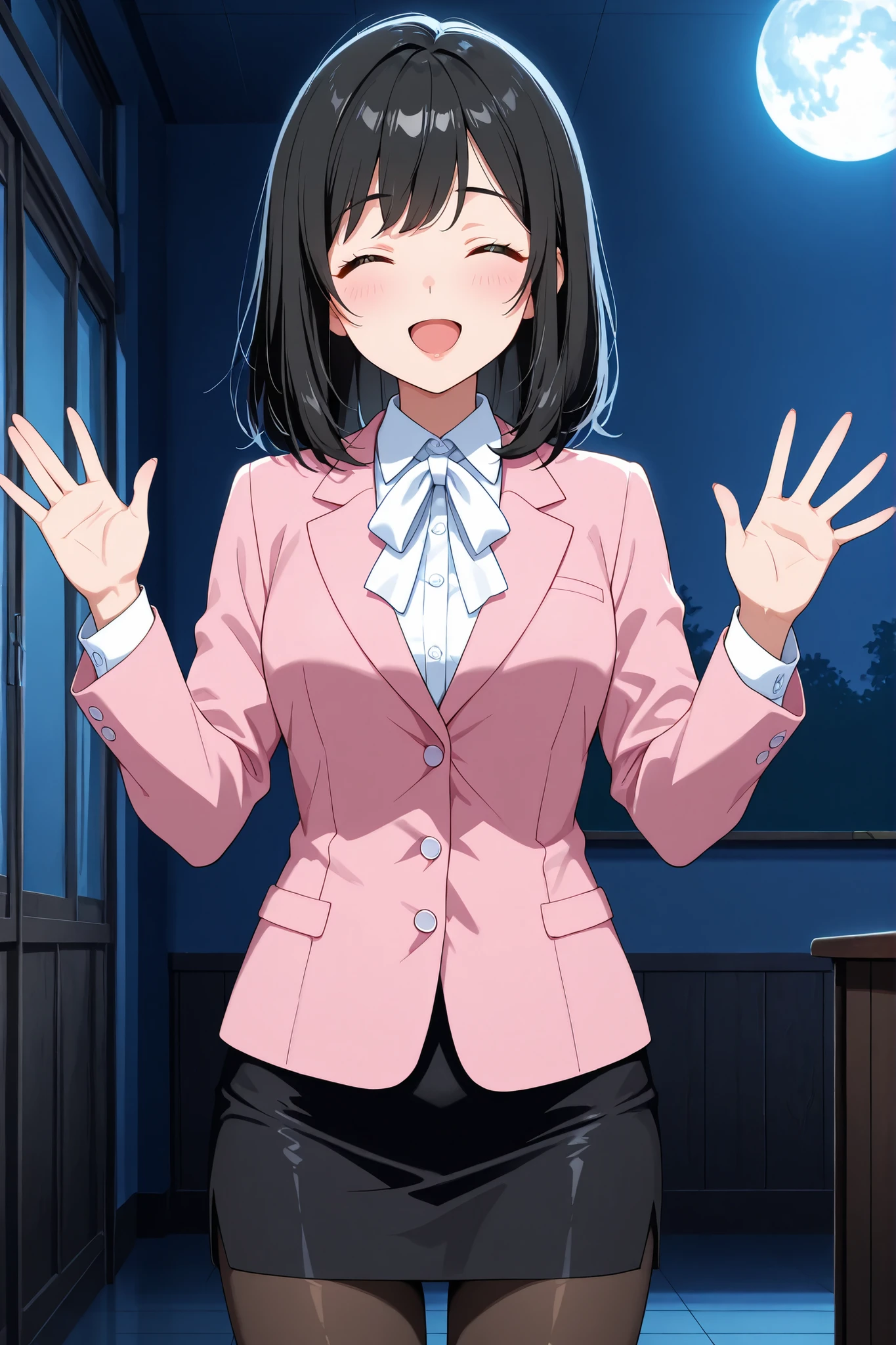 anime screen cap ,A young woman ,solo, medium hair,black hair,bangs hair,adult face,school teacher, pink suit, two button blazer, black skirt, white blouse,white neck ribbon ,pantyhose, medium , rouge lips, closed eyes ,open mouth,embarrassing face ,double waving ,five finger hand ,indoor , dark room,moon light ,normal standing ,from front ,cowboy shot,