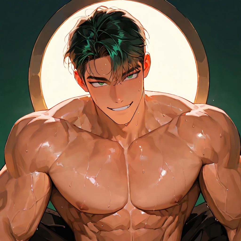 (hyper-realistic digital illustration), renaissance art, hires, best quality, boy wearing micro black tiny ,  black , , front view, lying on his back, holding legs raised, athletic body, (white skin),  , flat ,(long green blue hair scruffy ), alluring expression, small waist, muscular.