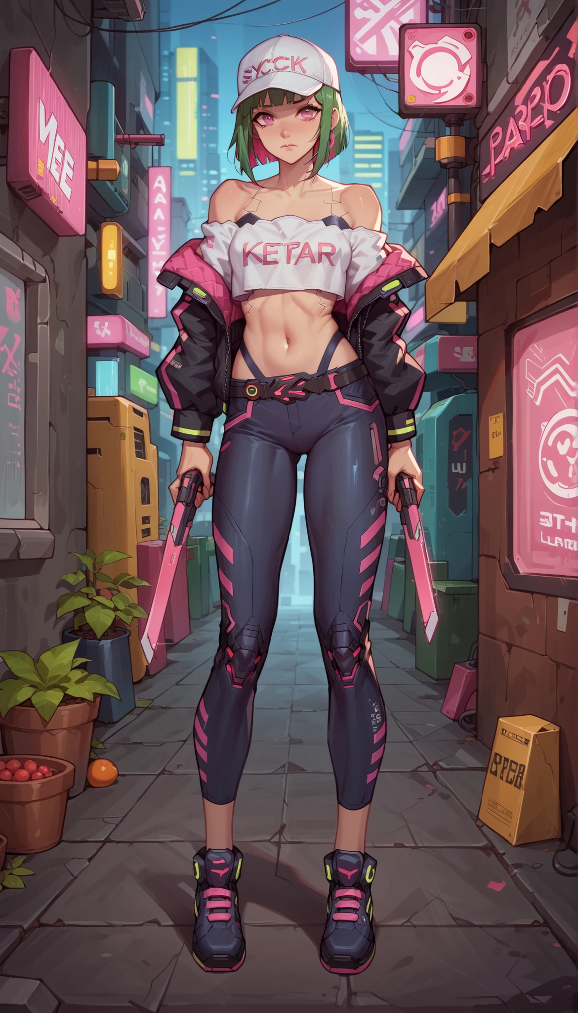 Masterpiece, the best quality, high quality, ultra detailed, master-piece, hyper quality, hyper detailed, perfect drawing, excellent and accurate human body anatomy, sexy body figure, slim figure, 1 female, pink eyes, short green hair (with white cap), wearing sexy cyberpunk themed clothes, looks so cute, serious expression, wielding futuristic weapons, ((full body)), youthful, cyberpunk city background, neon lights and futuristic vibe, sexy cute,