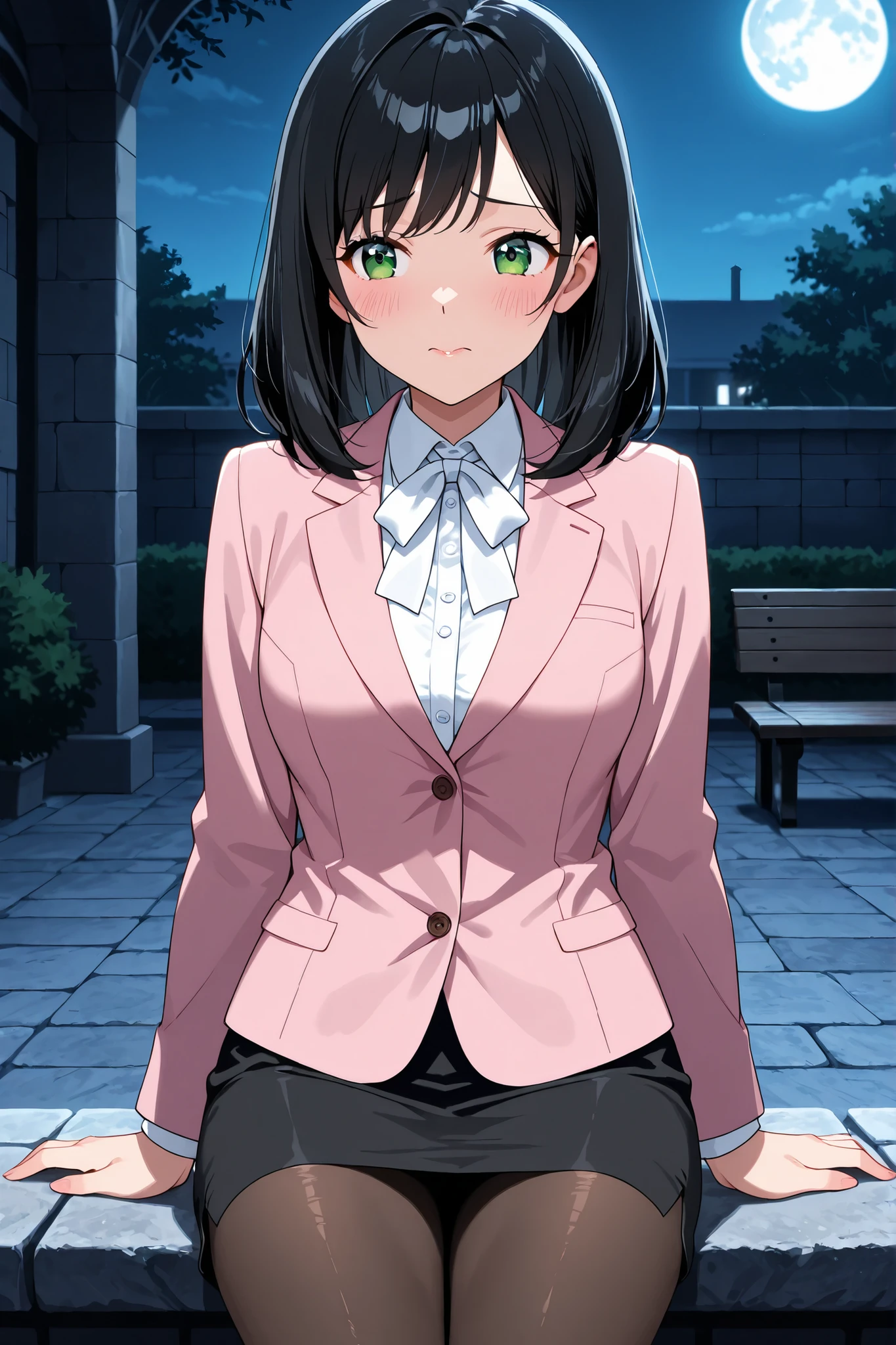 anime screen cap ,A young woman ,solo, medium hair,black hair,bangs hair,adult face,school teacher, pink suit, two button blazer, black skirt, white blouse,white neck ribbon ,pantyhose, medium , rouge lips ,embarrassing face ,indoor ,jail background, dark room, moon light ,sitting on stone bench ,from front ,cowboy shot,