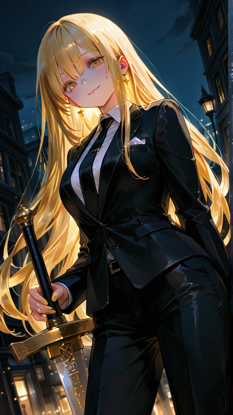 (absurdres, 8k, 4k, masterpiece, hyper extreme detailed:1.2), solo, perfect , cowboy shot, 1girl, front view, perfect face, 1girl, portrait, standing, adult, adult female, mature, Female, Mature Female, very long hair, 8k uhd, 1girl, slender, cowboy shot, standing, full body, front view, red tie, night sky, moon, stockings, big witch hat, witch, blonde hair, piercings, earrings, detailed eyes, expressive eyes, colorful pupils, blazer, skirt, fang tooth, red eyes, earrings, hand on hip, flat chest, looking forward, front view, messy hair, wind, windy, moving hair, moving clothes, swept bangs, mature body, gyaru, crazy face, crazy eyes, disgusted, annoyed, colorful clothing, groan, military boots, perfect legs, reasonable height, 