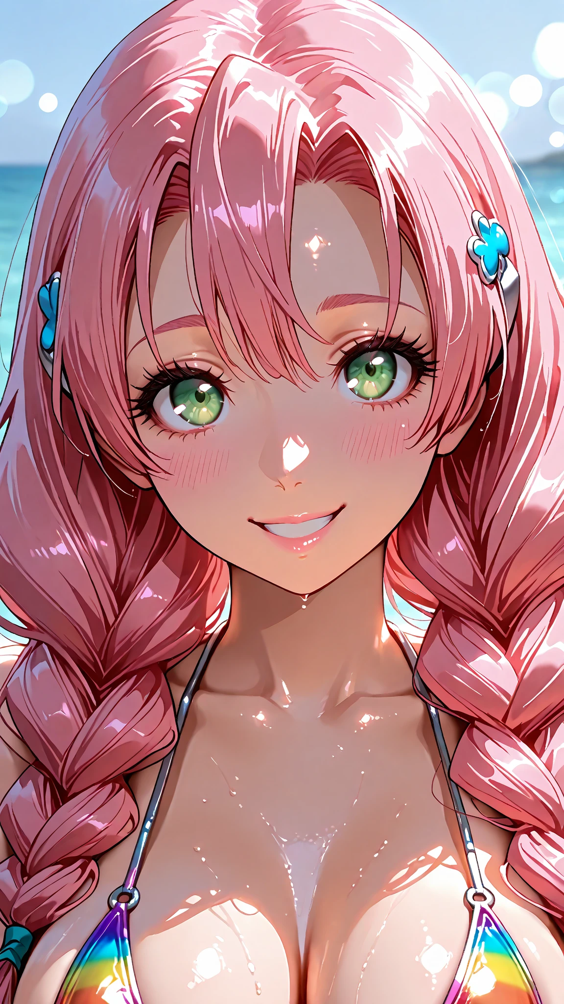 Woman;
Busty Sensual pose Clothes falling off Bathing in a hot spring Pink hair Green eyes Sensual 