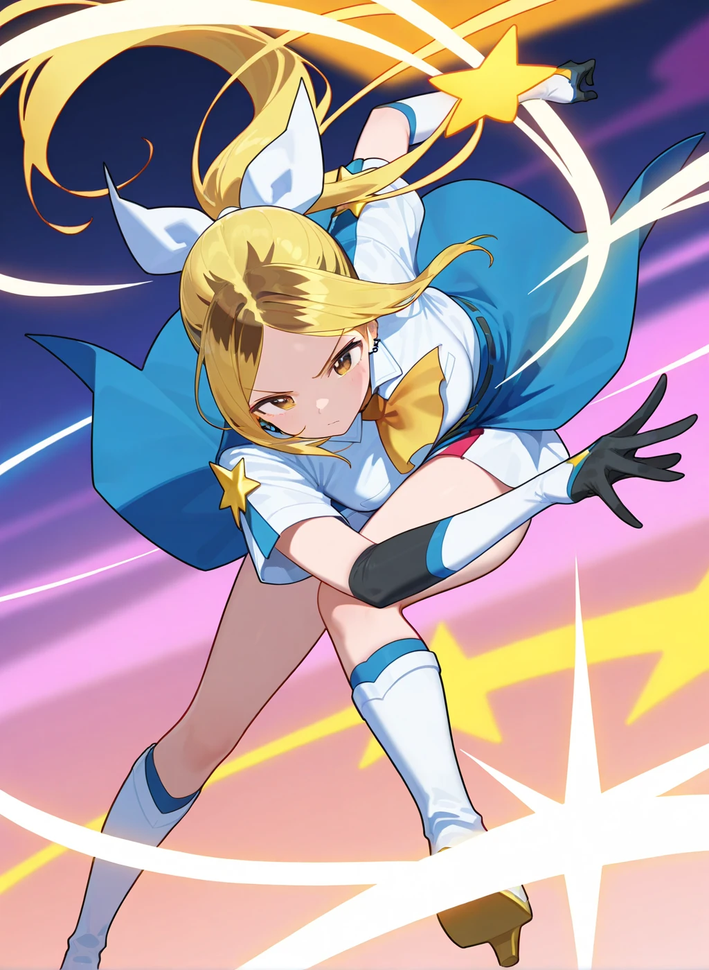 1girl, medium breasts, leotard,  legs, tight belt, boots, matching boots, gloves, city backdrop, solo, single, hands on hip, standing, full body shot, cowboy shot, superhero, beautiful detailed eyes, mature lady, star symbol on chest, blonde hair, high leg leotard, spinning her body in rapid speed like a tornado, wind swirls, rapid gyration, girl tornado spinning, girl turning to a whirlwind, outstretched arms, standing, time warp