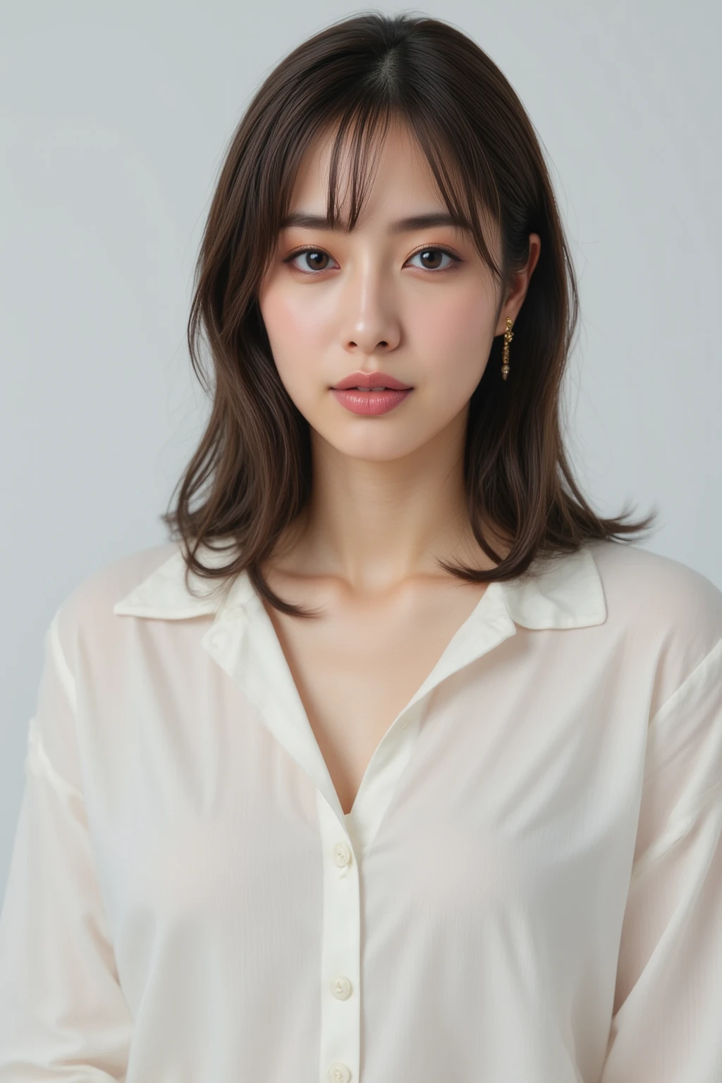 (highest quality, 8k, 32k, masterpiece, Ultra-high resolution:1.2),Beautiful Japanese Women Photos, very short bob hair,Upper body shot,Earrings, necklace, Simple Background, View your viewers, Exposing shoulders, Sheer silk lace crop top,Mouth half open、Embarrassed look、blush:2.5、Large 