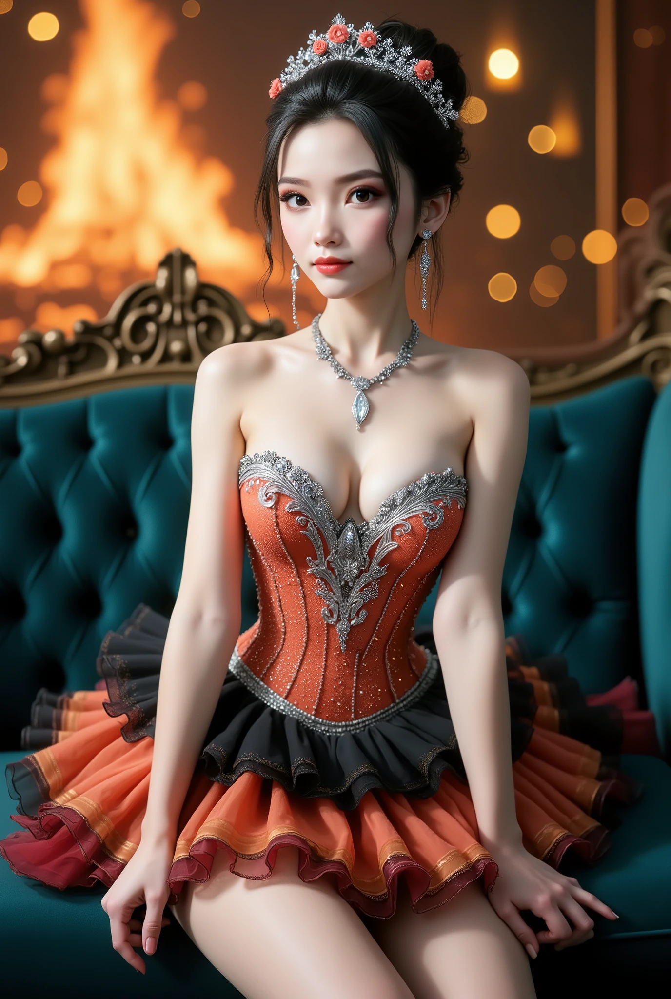 A young woman, likely in her early twenties, sits gracefully on a dark teal, tufted velvet sofa, her hands resting gently on her skirt. Her dark hair is styled in an intricate bun, adorned with a sparkling tiara with floral elements and small silver accents. Her delicate face is enhanced by light makeup, including rosy cheeks and red lips, and she wears a silver necklace with a gemstone in the center, along with matching earrings. Her strapless gown features a fitted bodice in a sparkling coral orange with intricate silver beading and a plunging neckline. The ruffled mini skirt is a dramatic, flowing masterpiece, dark at the top and transitioning into vibrant shades of orange, red, and black. The background is slightly blurred but conveys a warm and luxurious atmosphere. Behind the woman, golden light flickers like bokeh, and a warm orange glow emanates from what appears to be a large fire or flame feature, creating a mystical and dramatic atmosphere. The overall atmosphere is one of fantasy and splendor, with a touch of fiery magic.
