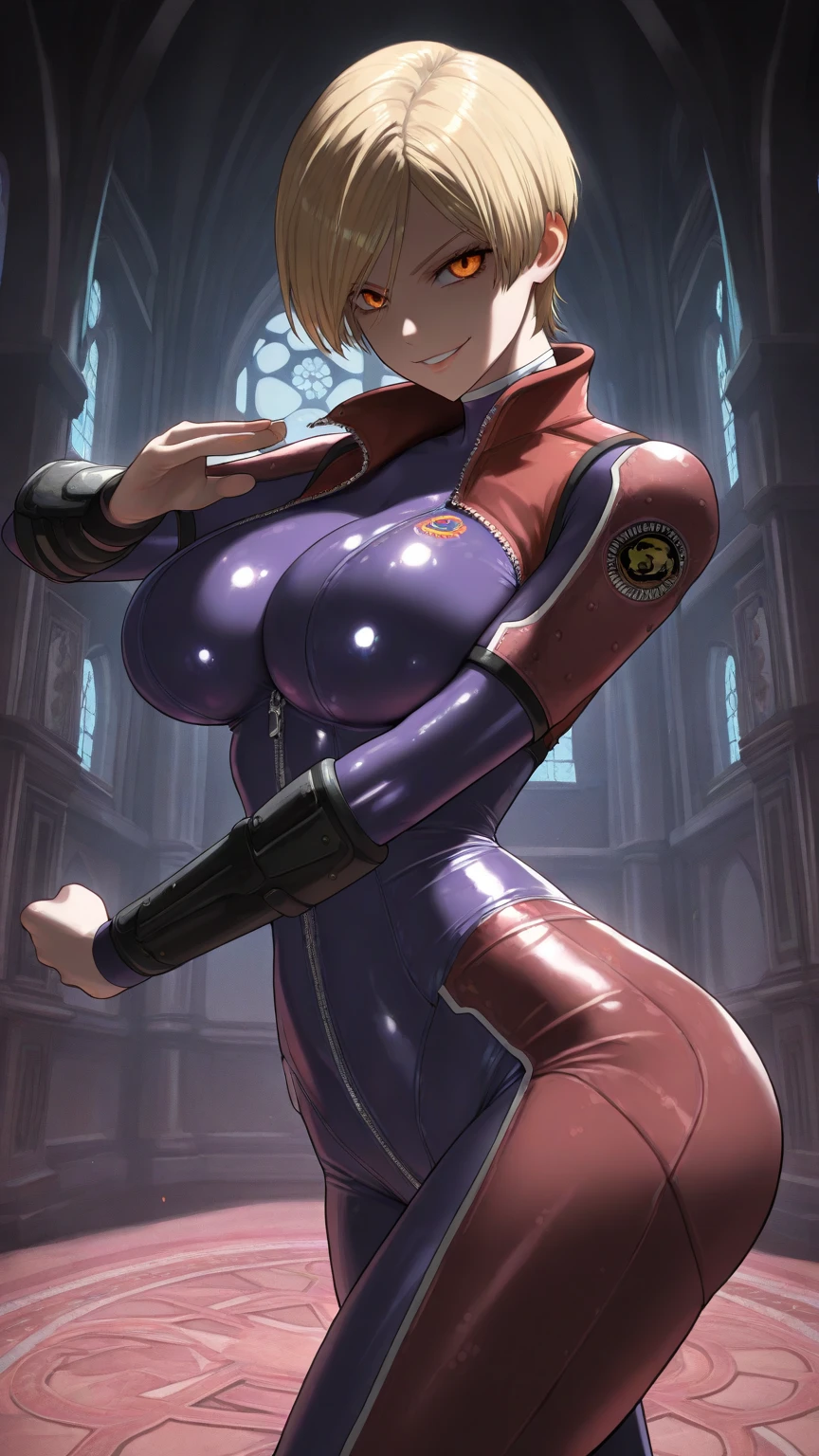 Browsing Caution,(Best image quality,highest quality,Highest Resolution, Ultra-Realistic Images,Very detailed,masterpiece,16k),(35mm lens focal length),（Actual Photos,Written boundary depth),(A lively female figure,SF Juri), blue eyes, Light brown hair, hat,tie, gloves, Ribbed shiny bodysuit,(Big Breasts),(Erect nipples),(Camel Toe),((Sticky with sweat)),(を見せつける),In a dynamic pose,At the Secret Base,Browsing Caution