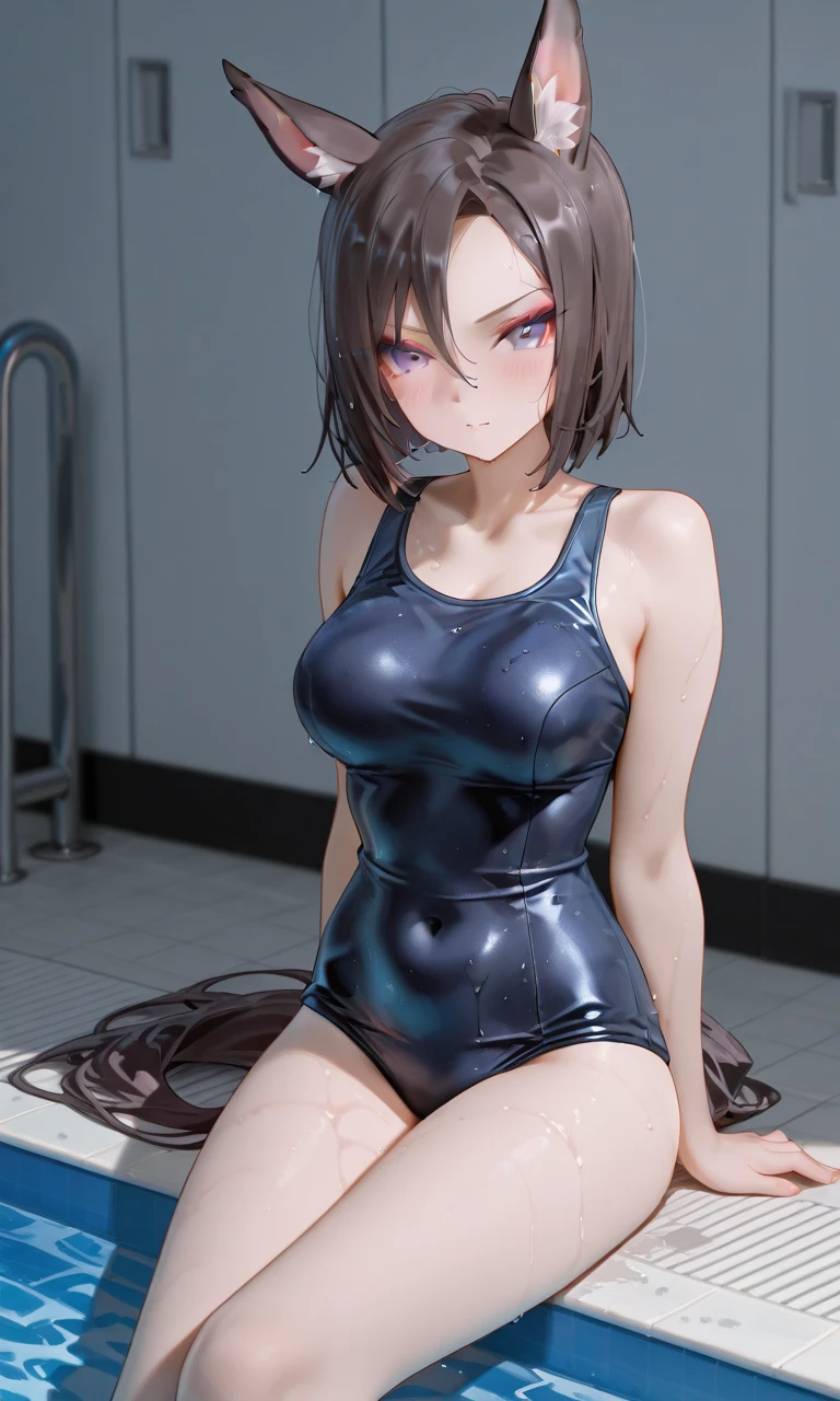 Girl, black school swimsuit, black face mask, black hair, long hair, straight hair, beautiful eyes, pool, poolside, summer, with moles in cleavage. forward leaning posture,