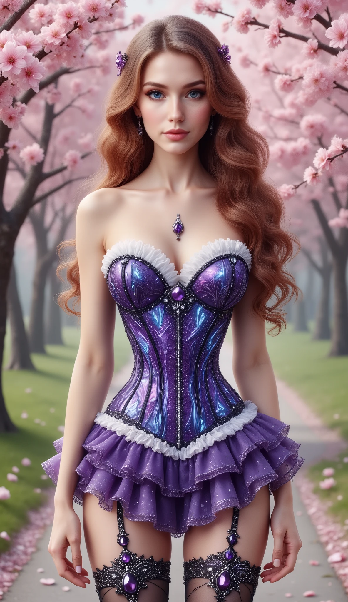 A young woman with long, flowing auburn hair and fair skin stands outdoors, facing forward with a neutral expression. Her eyes are a striking blue, and her lips are painted a soft red. She wears a strapless, form-fitting corset with a white, ruffled top portion and a deep purple, iridescent body adorned with a pattern of glowing blue and white lines. A short, ruffled purple skirt with white trim and a prominent purple gem accentuates her waist. She also wears black thigh-high stockings with ornate silver garter straps featuring large purple gems. In the background, a path is lined with trees blooming with pink cherry blossoms, some petals gently falling, creating a dreamy and romantic atmosphere.