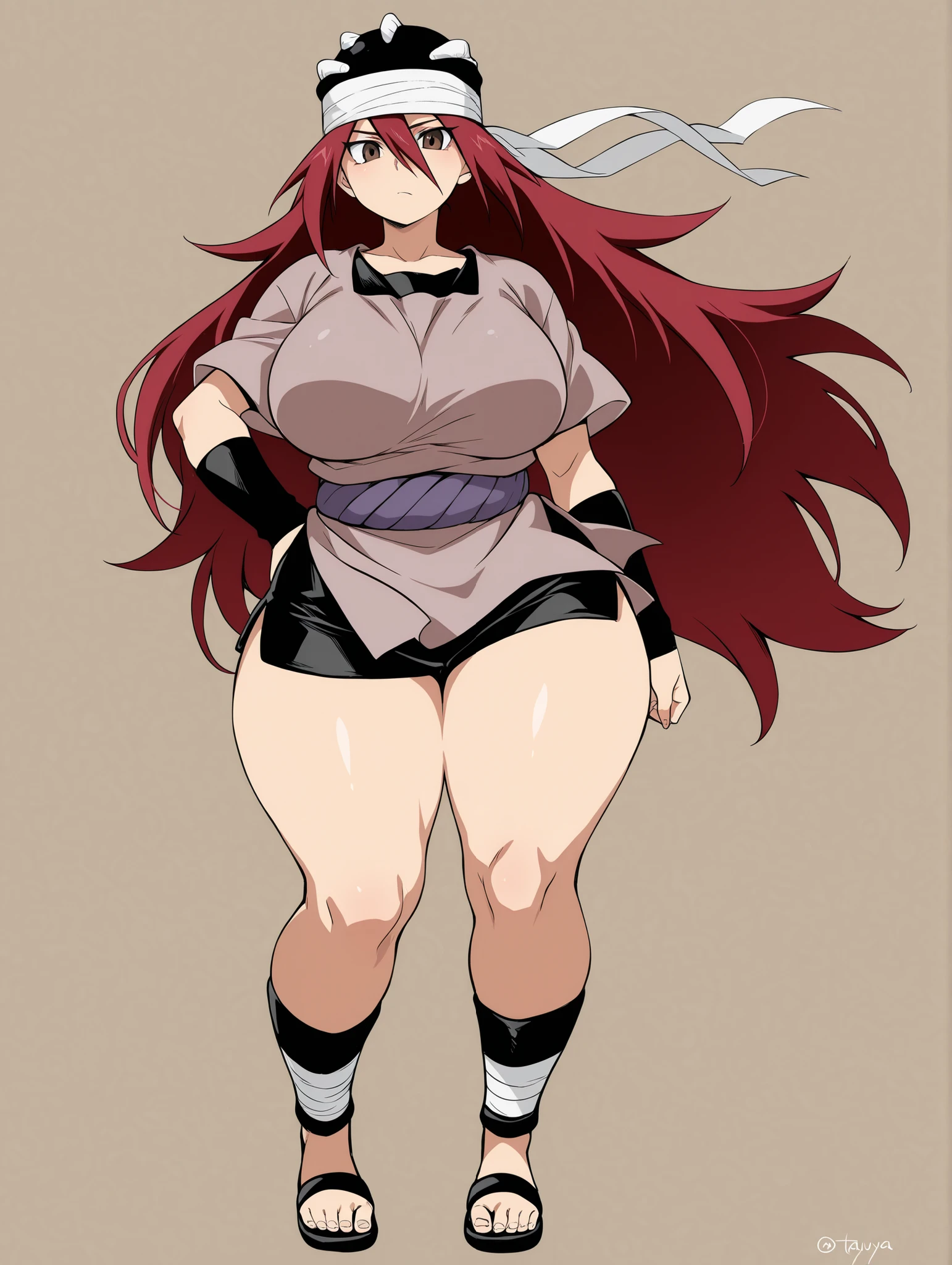 1girl, solo, tayuya, red hair, long hair, brown eyes,,tunic,black arm warmers, black shorts,,sandals, bandages,thick thighs, wide hips, big breasts,,