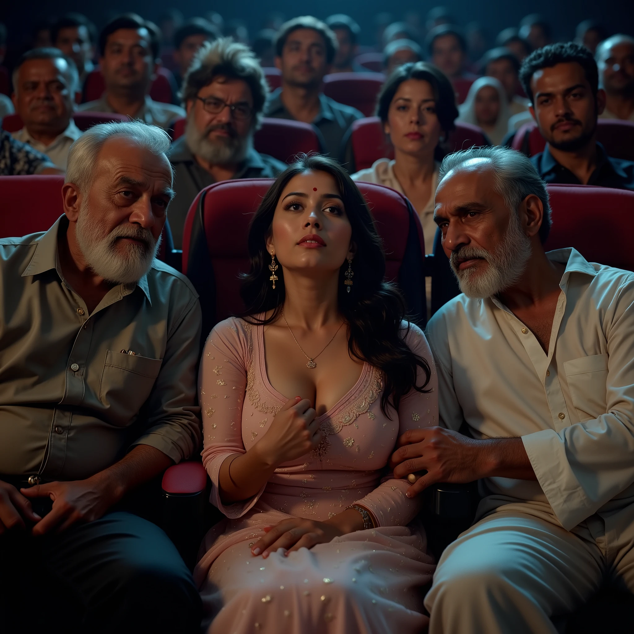 Photo of 3 people, 2 men's 1 women, ariel view photo in Raw format, 8k uhd, high quality, high resolution, super detailed, professional photography, photorealism, realistic, masterpiece, best quality, highly detailed, ,(pokies), desi indian woman(shocking reaction) sitting between two old south indian men White/black hair, in movie theater, lightly exposed big cleavage, men grabbing / holding women's breast, boob press, (movie theater), (Long Sleeves salwar, black long hair ), (big natural sagging breasts), (overcrowded place), (pulling hair), (natural cleavage), (boobs touching), (public humiliation), (public harassment), (surrounded by men), (grab), (kiss), (hands squeeze breast), (men's hands grabbing breast so hard), low light movie hall interior scene, silhouettes of crowds in background, cool reflected lighting from moving screening, men are in shabby dress,