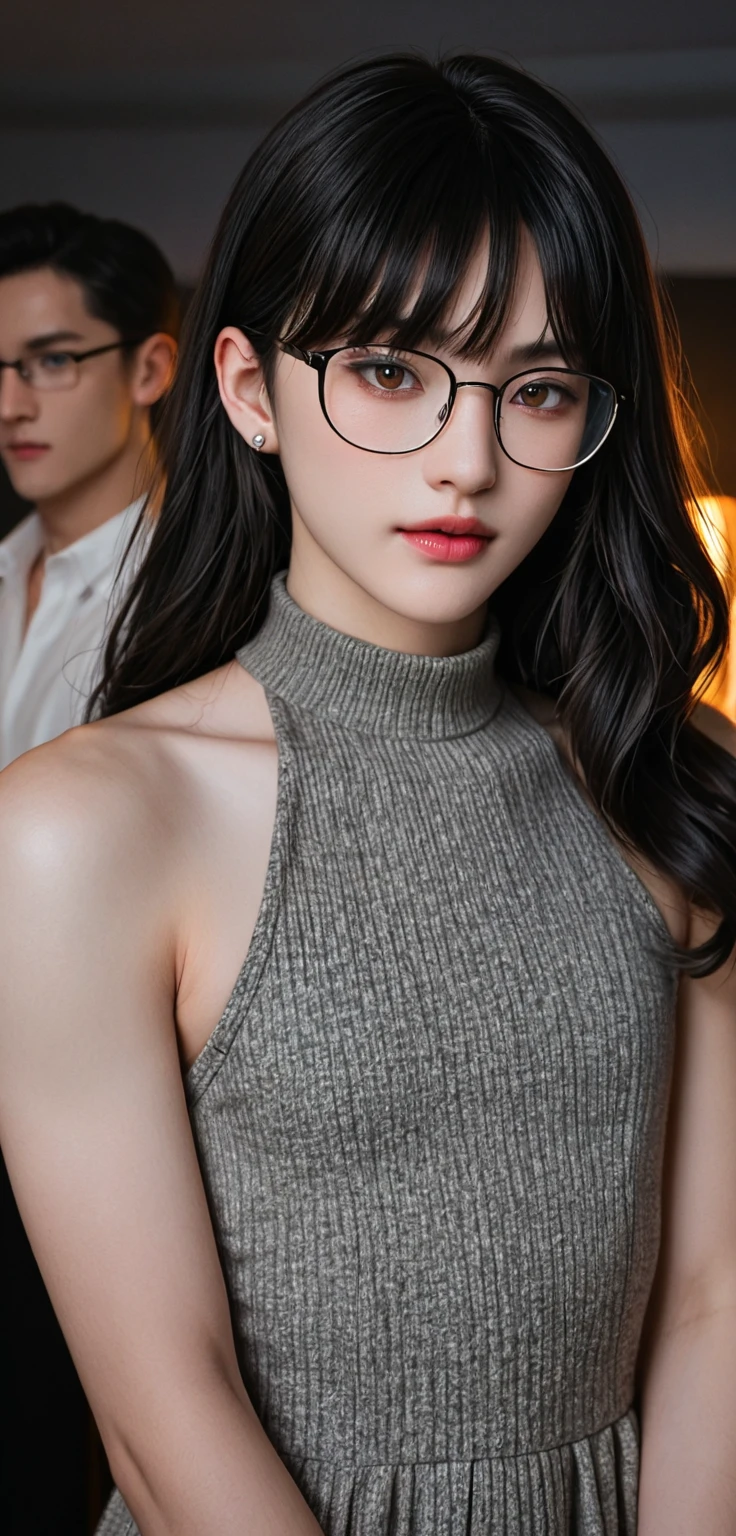 ((Best quality, masterpiece, detailed)), (RAW, 4k, hd images), shy, 1 girl, 20 years old, white skin, long hair, ponytail, layers hair, bangs, black hair, beautiful girl, cute girl, sweet girl, pretty girl, perfect girl, perfect eyes, pretty eyes, blue eyes, thin lips, thin, (eye line, lip stick soft) perfect , glasses(detailed frame), indoors, smile, thogh, sport tank top, short pants