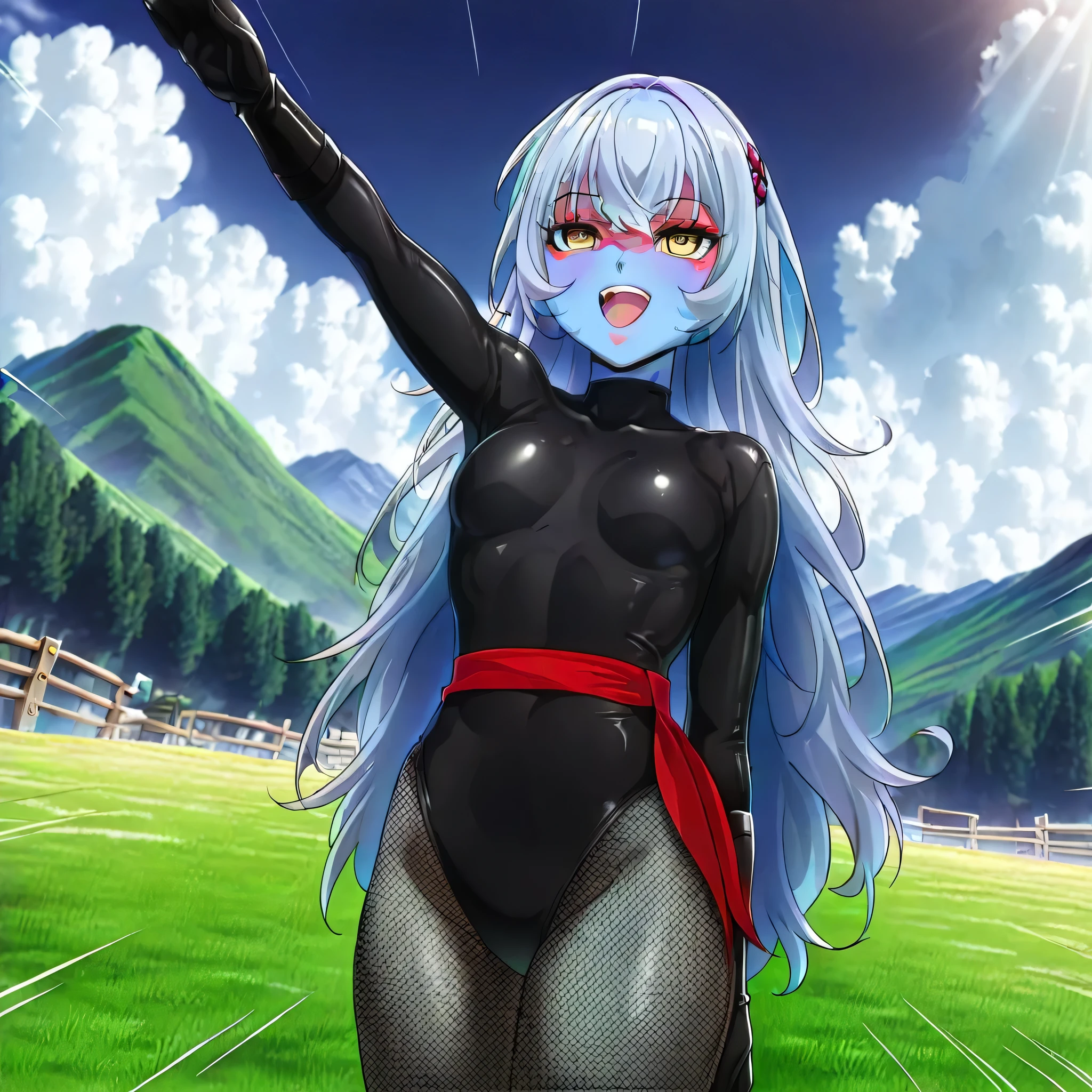 (((Masterpiece))), (((Best Quality))), ((Super Detail)), ultra-High resolution, score_9,score_8_up,score_7_up,score_6_up,score_5_up,score_4_up, BREAK, source_anime, anime screencap, uncensored, Masterpiece, (best shadow), (absurdres), (detailed background), (very aesthetic), detailed beautiful eyes, outstanding, an exquisite animation illustration, curvy, highres, shiny clothing, dark persona, empty eyes, blank eyes, shocker, black leotard, latex elbow gloves, brown fishnet pantyhose, (((blue skin))), colored skin, red sash, makeup, (((solo, 1girl))), hair ornament, seductive pose, submissive pose, anime style, anime coloring, animification, megami magazine, sexy pose, dynamic angle, cinematic angle, dutch angle, dynamic composition, flat chest, flat breast, aries yasei no last boss, yellow eyes, multicolored hair, light blue hair, long hair, very long hair, large hair, messy hair, proudly, confident, determined, smile, confident smile, open mouth, salute, saluting, standing, standing at attention, standing still, looking ahead, legs together, closed legs, shocker salute, hand up, arm up, speed line, motion line, powerful, roar, outdoor, green field, mountain, farm, cloud, dappled light, sunbeam