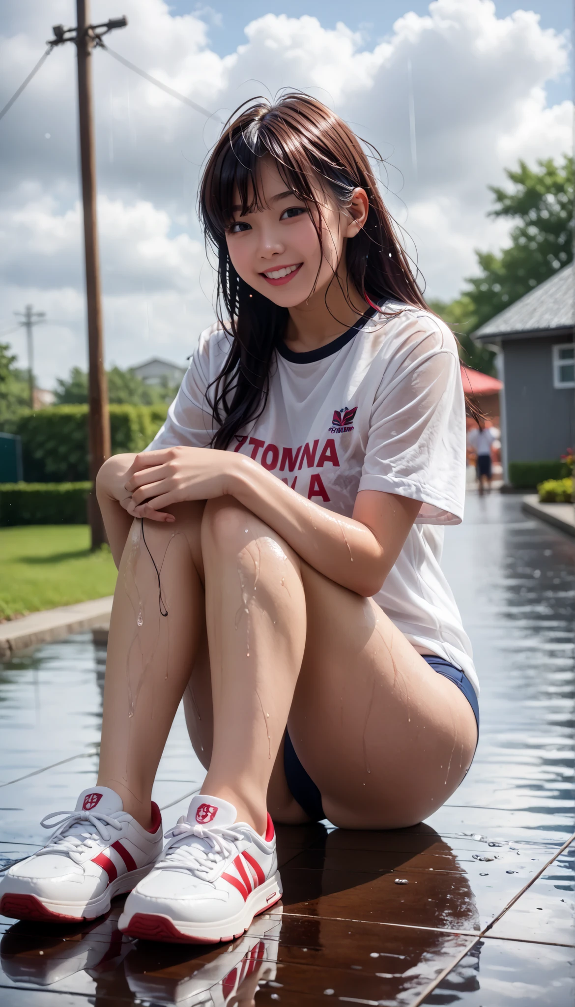   top quality 、high quality 、 最High precision、High precision、8K quality、high image quality 、top quality、 masterpiece 、immersive video、 very realistic image 、Realistic Paintings、 perfect detail 、 high contrast 、High Fidelity、 perfect and unblurry pictures、close to reality、 images with lots of detail、 Detailed and realistic weapons 、 exquisite and realistic human skin 、 realistic face in every detail、 Realistic eyes with attention to detail 、   Realistic Lips Drawn in Details  、 detailed and real teeth、Real ears、 Realistic Hair 、 nipples、Mansuji、((Japanese model))､((high school girl))、((young face))、((dark haired))、((medium rounded breasts))、((stylish body ))、(((Wet skin all over )))、(((wet hair)))、(((A woman whose whole body is wet from the top of her head to her feet and toes)))、((dark sky covered with thick rain clouds))、(( downpour))、(( Outdoors ))、(((wear classic navy color bluma＆wear white and red line t-shirts＆wearing white sneakers)))、(((wear loose T-shirts that are thin and tight＆Wear loose T-shirts＆wearing white sneakers)))、(((雨で濡れているwear classic navy color bluma＆Wear a white and red line t-shirt that is wet in the rain)))、(((薄手で張り付き感のあるwear loose T-shirts that are thin and tight＆wear loose fit gym clothes that are thin and tight)))、((downpourの都会の中))、((Rainwater falling from rain clouds is clearly visible))、((sit in a triangle with your  on the ground))､((( look at her from the front )))