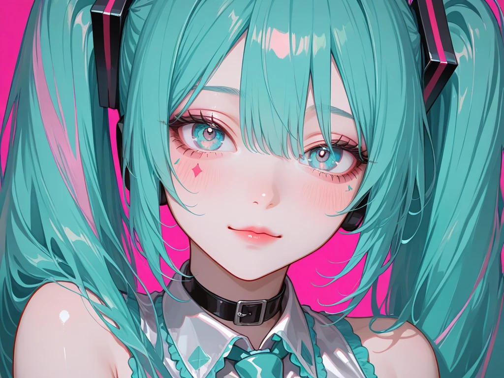 Vocaloids,
Hatsune Miku,
Cyberpunk costume,
Detailed  expression,
detailed  expression, detailed hair description,