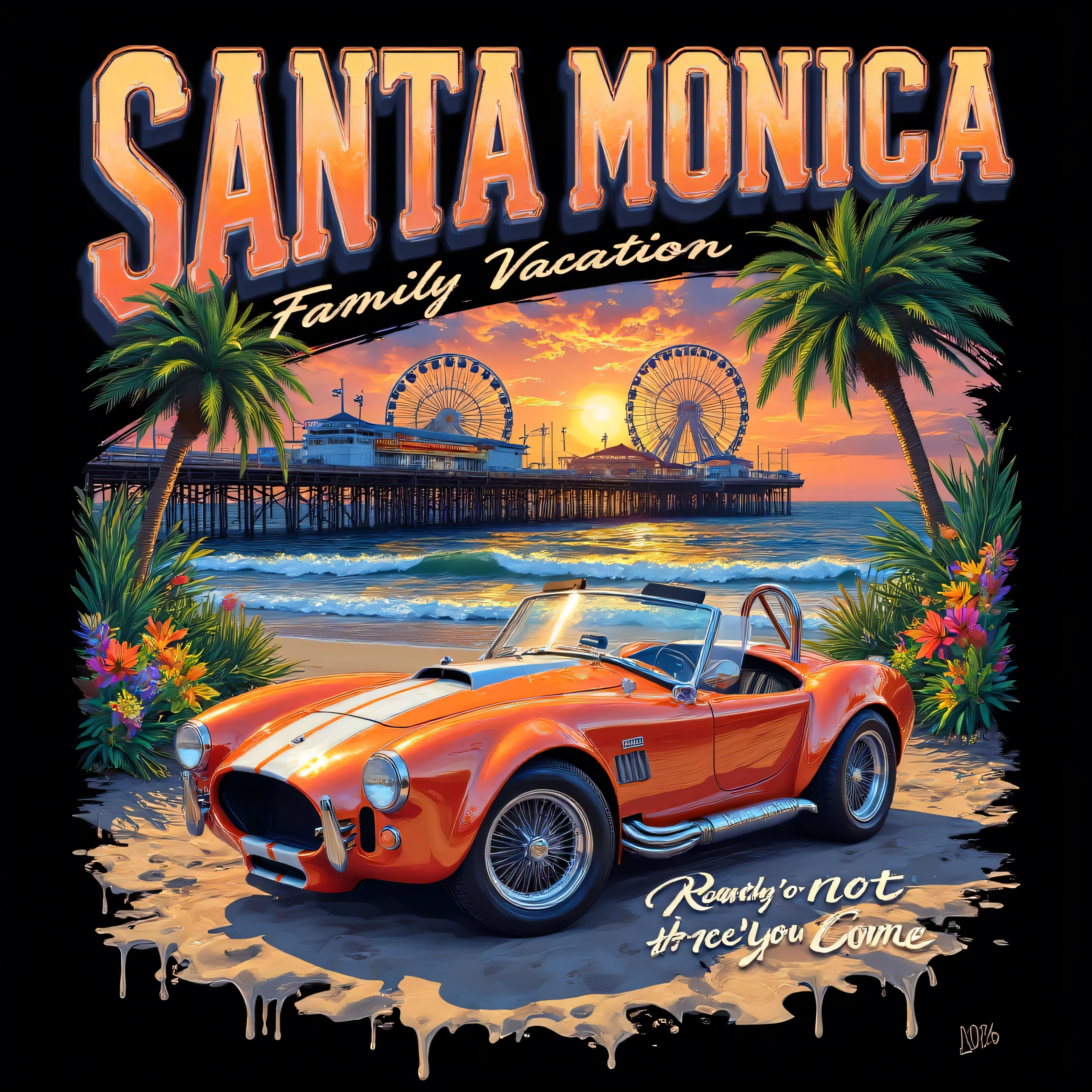 Create high-resolution,realistic,black background,creative,digital vibrant highly detailed Tshirt design of Santa Monica Pier at sunset, featuring the ferris wheel, amusement lights, lush green palm trees,tropical colorful flowers, and the wooden pier silhouetted against a dramatic sky.Render the ocean waves with graphic shapes that reflect intense golden and orange highlights across the water.Avove illustration Add clean typography text “SANTA MONICA” in large uppercase block rounded gradient font and below it add script "Family Vacation 2026 " and below illustration “ Ready or Not Here We Come” stack dynamic in flowing grafiti handwritten font ingradient colorful sky or sunset california tone dripping,Include sandy beach,a classic glossy orange Shelby Cobra convertible foreground with soft shadows for depth. Balanced Square layout suitable for t-shirts, eye-catching.