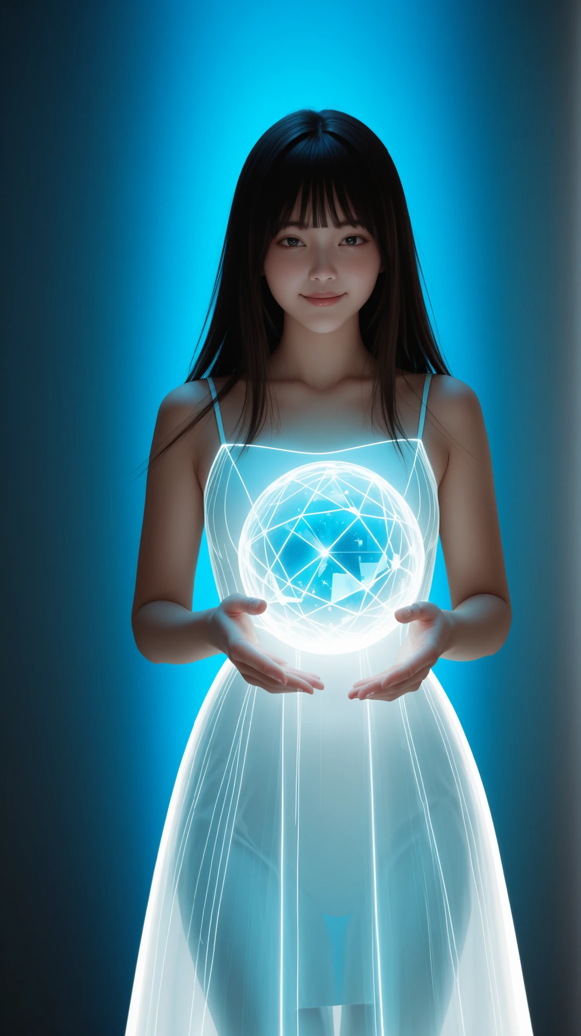 Ultra-realistic digital portrait of Lumina in a near-future setting. a young Japanese girl. She stands in a bright high-tech room with soft holographic ambient light. No character-shaped holograms, no humanoid projections, no figurines.
Lumina has straight-cut bangs (front bangs) covering her forehead, soft and natural.
Her hair is ash beige, silky, and extremely long — reaching fully to her waist with clear length and volume visible.
The hair catches subtle holographic reflections and maintains a natural, realistic texture.
Her deep brown upturned eyes look directly into the camera with a warm, serene expression. staring at the viewer straight. smiling softly and gently.
She wears a modern white futuristic dress with a clean silhouette and navy accent lines along the seams.
The material is matte and lightly reactive to ambient light.
Around her hands and level float abstract, non-figurative hologram UI elements — translucent panels, geometric rings, waveform displays, light grids, thin glowing lines, and subtle icons.
Explicitly no dolls, no humanoid holograms, no character shapes.
Holograms appear as flat or semi-flat UI elements with soft blue-white glow reflecting gently on her dress and skin.
Lighting mixes soft daylight with cool futuristic glows.
Realistic skin texture, detailed fabric rendering, and high-fidelity shading prioritized. 4k. best quality.