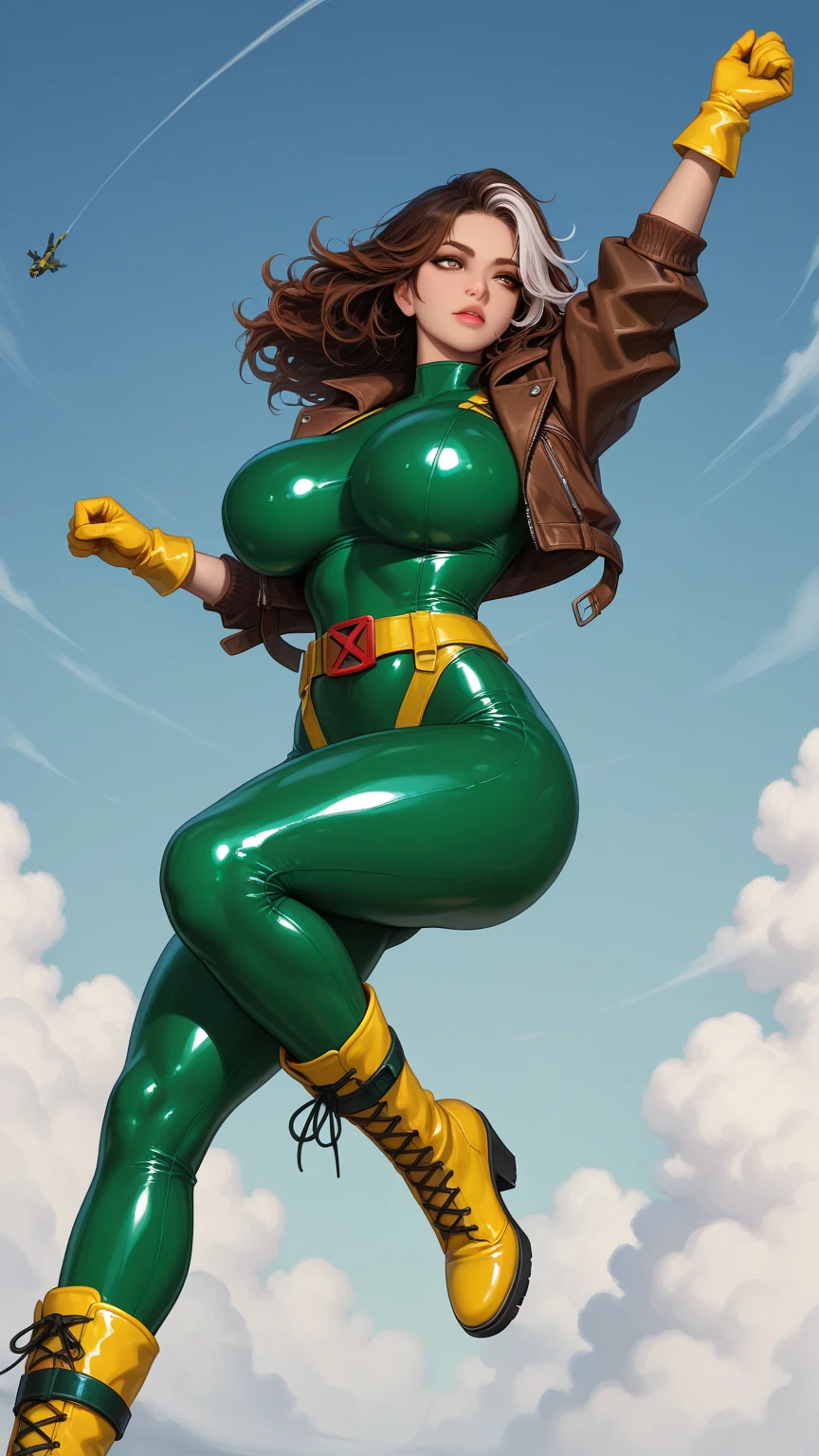 masterpiece:1.0), (best_quality:1.2), Classic Rogue, 1991 Rogue X-Men, ((1 girl)), head to ground view, (candid), still pose, sweaty, towel around neck, ((clothing: green yoga pants, cropped top with long sleeveedium length hair, auburn hair, one lock of white hair, ponytail, green eyes, mischievous look, smirk, parted lips, fit figure, (((massive breasts:1.5))), ((((huge muscles))))no makeup, gold earrings, backlit, (realism: 1.5), (Realistic: 1.4), (Absurdity:1.4), 8k, ultra-detailed, (background: high tech gymnasium), official art, extremely detailed CG unity 8k wallpaper, perfect lighting, Colorful, ultra high res, photography, 8K, HDR, Kodak portra 400, film grain, blurry background, (bokeh:1.2), (vibrant_color:1.2), film grain:1.2, (warm hue, warm tone:1.2), (color photo), professional photograph