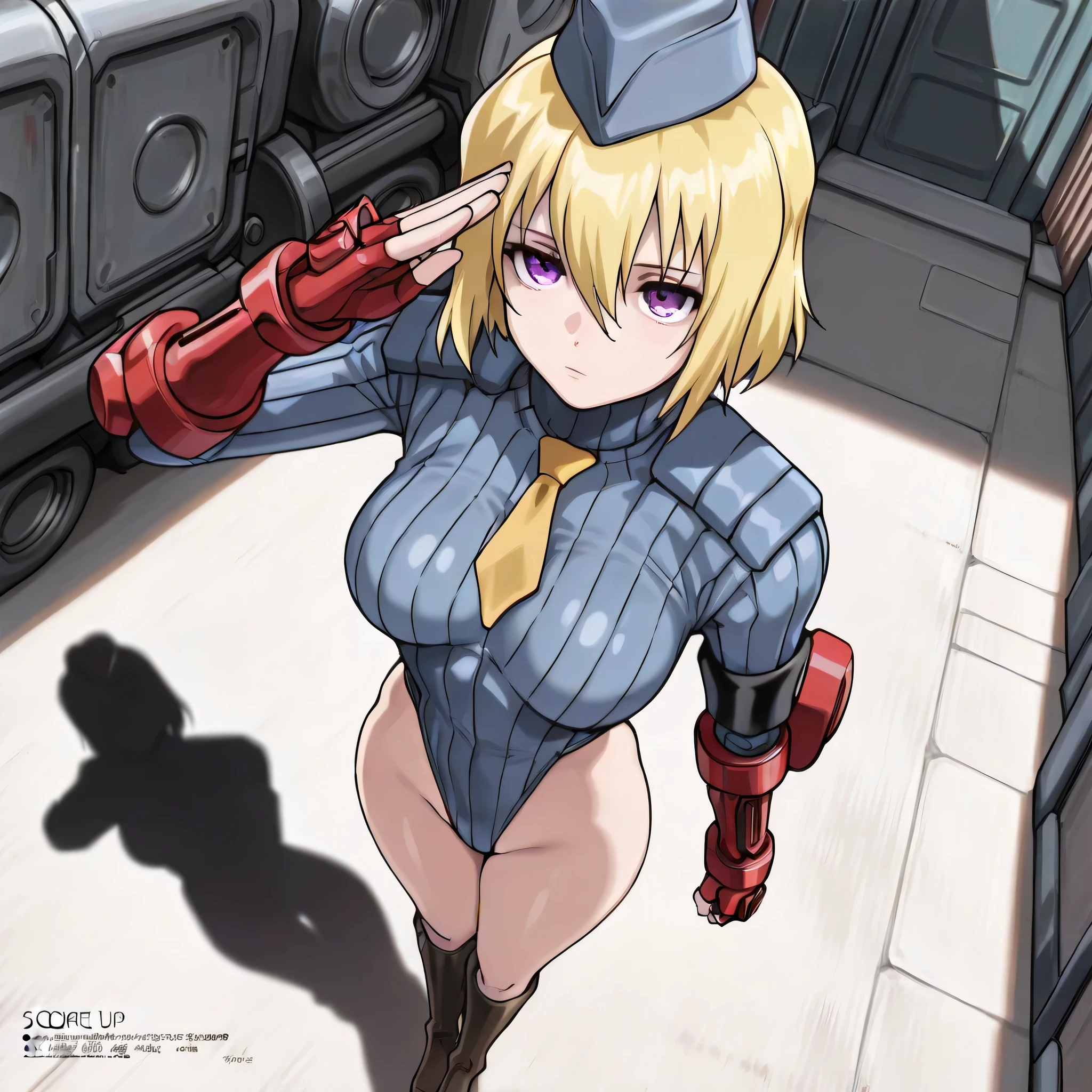 (((Masterpiece))), (((Best Quality))), ((Super Detail)), ultra-High resolution, score_9,score_8_up,score_7_up,score_6_up,score_5_up,score_4_up, BREAK, dappled, anime screencap, uncensored, Masterpiece, (best shadow), (absurdres), (detailed background), (very aesthetic), shiny, detailed beautiful eyes, outstanding, countershading, detailed soft lighting, an exquisite animation illustration, curvy, shadaloo dolls, red gloves, hat, fingerless gloves, gauntlet, red gauntlet, leotard, cosplay, highleg, highleg leotard, garrison cap, dark persona, ribbed leotard, yellow necktie, (((solo, 1girl))), hair ornament, seductive pose, submissive pose, anime style, anime coloring, animification, megami magazine, sexy pose, dynamic angle, cinematic angle, dutch angle, dynamic composition, medium breast, STELLAR Loussier, short hair, blonde hair, hair between eyes, purple eyes, expressionless, emotionless, salute, saluting, standing, standing at attention, standing still, expressionless, emotionless, looking ahead, legs together, closed legs, military, indoor, weapon, gun, looking from above, view from above, from above, full body, arm at side,