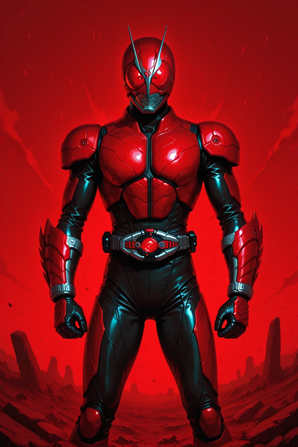 1boy, red motorcycle helmet, red bodysuit, red racing gloves,  skin covered, muscular male, huge muscles,  huge pecs, huge bulge, standing, low pov, looking down at viewer, leaning close, indoors, garage setting, night, perfect anatomy, masterpiece, perfect quality, best quality, detailed, newest, very aesthetic