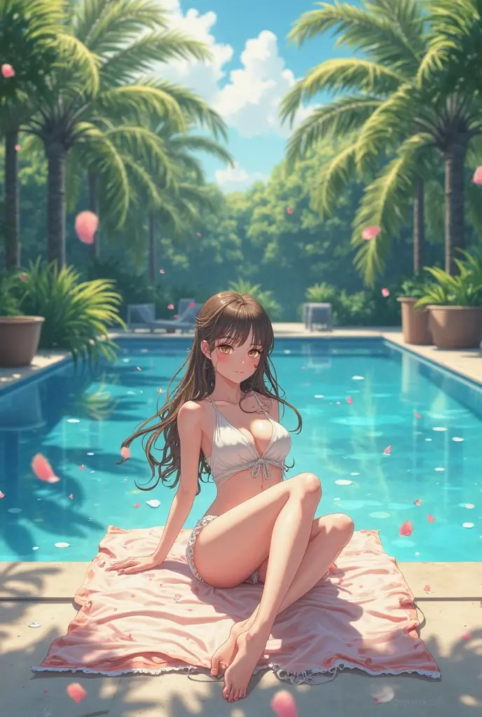 top-quality、Full limbs、complete fingers、Beautiful 25 year old woman、Slender beauty、poneyTail、Medium hair、Brown hair、Raw feet、bikini in pink color、Beautiful Large Breasts、flower garden、lawn、Rose Garden、The fountain