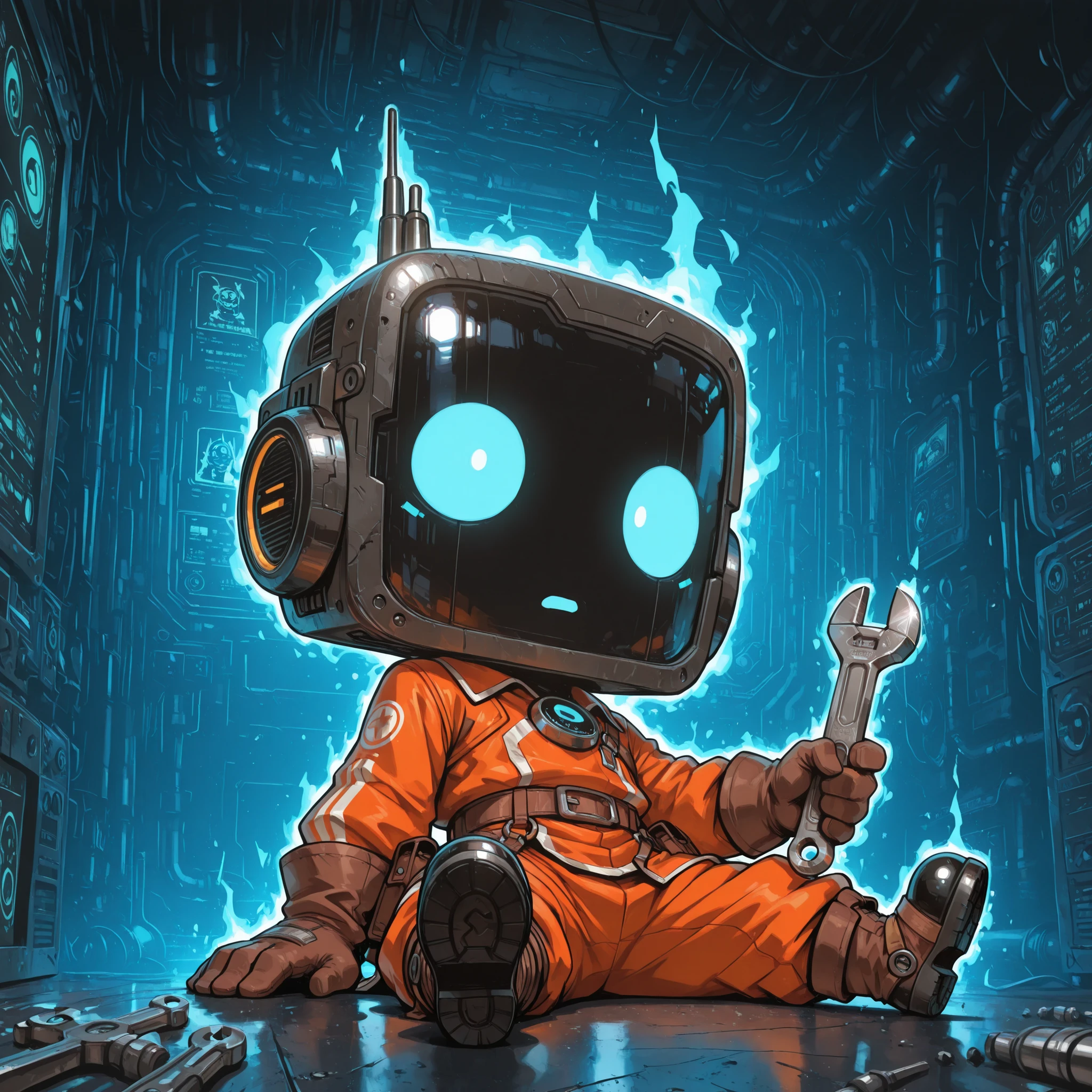 [The Radioman] [Fantasy-World] [Anime-Adventure] [Young-Wizard] [Powerful_mage], masterpiece, best quality, soft shading, mythical, beautiful, chibi style,small, solo, 1boy, DTRM, robot_skin, face_screen(future_screen), face_screen, blackscreenface, future_screen, blue eyes, cute focus, surprise shock, friendly, sitting on ground, half lid eyes,  BREAK.

holding a wrench, fixing machine, glowing aura tan, wearing mechanic_outcast orange outfit, clothing dusty, gloves, wraps, boots, closeup character, 