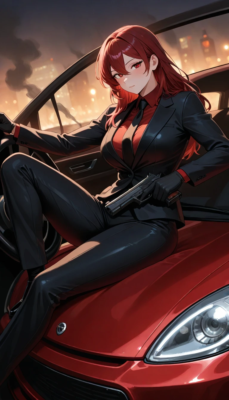 The image is an illustration of a red-haired woman dressed in a sleek skin-tight shiny black latex bodysuit with a deep-cut zipper neckline revealing a large chest, the silver zipper running down the front, sitting on the hood of a damaged yellow car, with bullet holes visible on it. The woman appears powerful and ready for action, holding a gun in both hands. The atmosphere of the scene is intense and dramatic, made even more so by the urban setting.