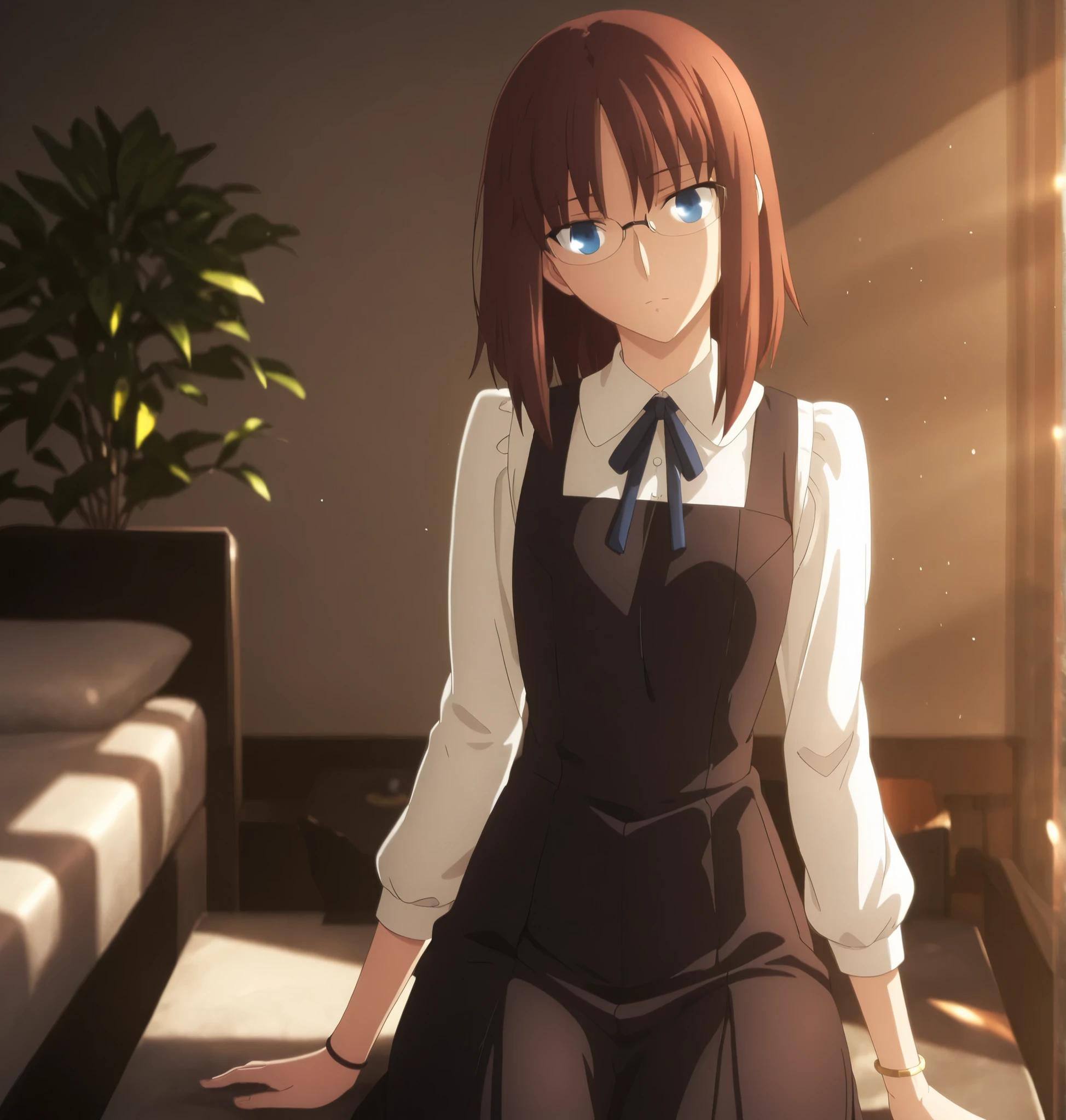 ufotable style ,masterpiece,best quality,good quality,newest, 8k, , from above,
indoors ,((cinematic light, sunlight, backlight)), (sitting ), (plant ,detailed background, luxury hotel room),, , 
expressionless, ,
looking at viewer, ((head tilt)), bracelet, , ,(hair over eyes:0.7),wispy bangs,
solo,
(anime coloring, anime screencap), 
fate heaven`s feel official style, 1 mature girl, (brown hair),(medium hair, long sidelocks), (blue eyes),(frameless glasses),slim long arms,(flat chest),(tall girl, aged up, :1.31),
cowboy shot, , ,
(short jumper skirt, , mini pinafore, micro jumper, seifuku),neck ribbon, narrow ribbon ,