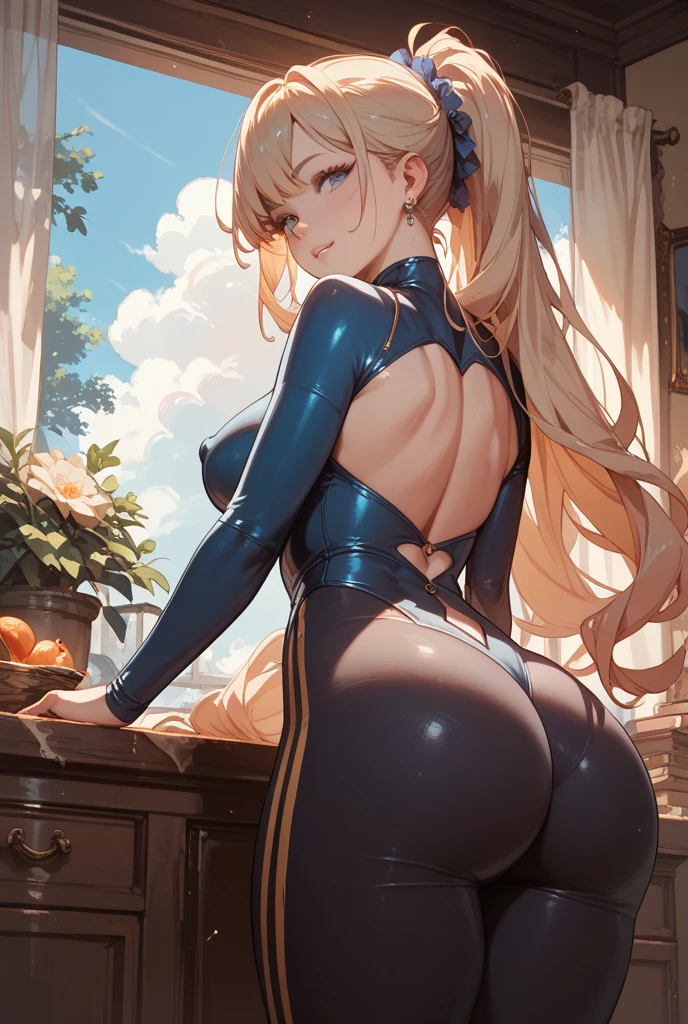 Super detailed、highest quality、Best image quality、masterpiece、8K、Anime Face、A kind smile、Open Mouth、Sparkling Blue Eyes、Long blonde curly hair、(SFW huge body)、(((Rear view)))、Cowboy Shot、(Wearing a yellow ?????:1.5)、Kneel on the sofa、Muscles of the whole body、Hands on ????、emphasizes the ????????