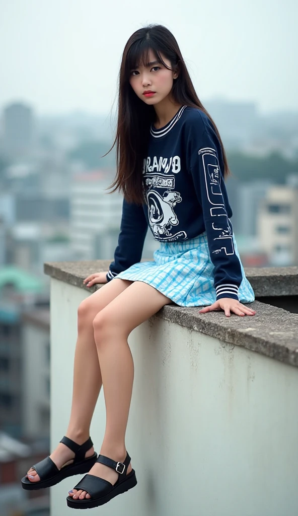 One girl，Wearing a colorful dress，(((Bottom View))),Athletic Sneakers，Shallow space，Background of urban architecture，Sitting pose，highest quality, masterpiece, 8k，Depth of written boundary