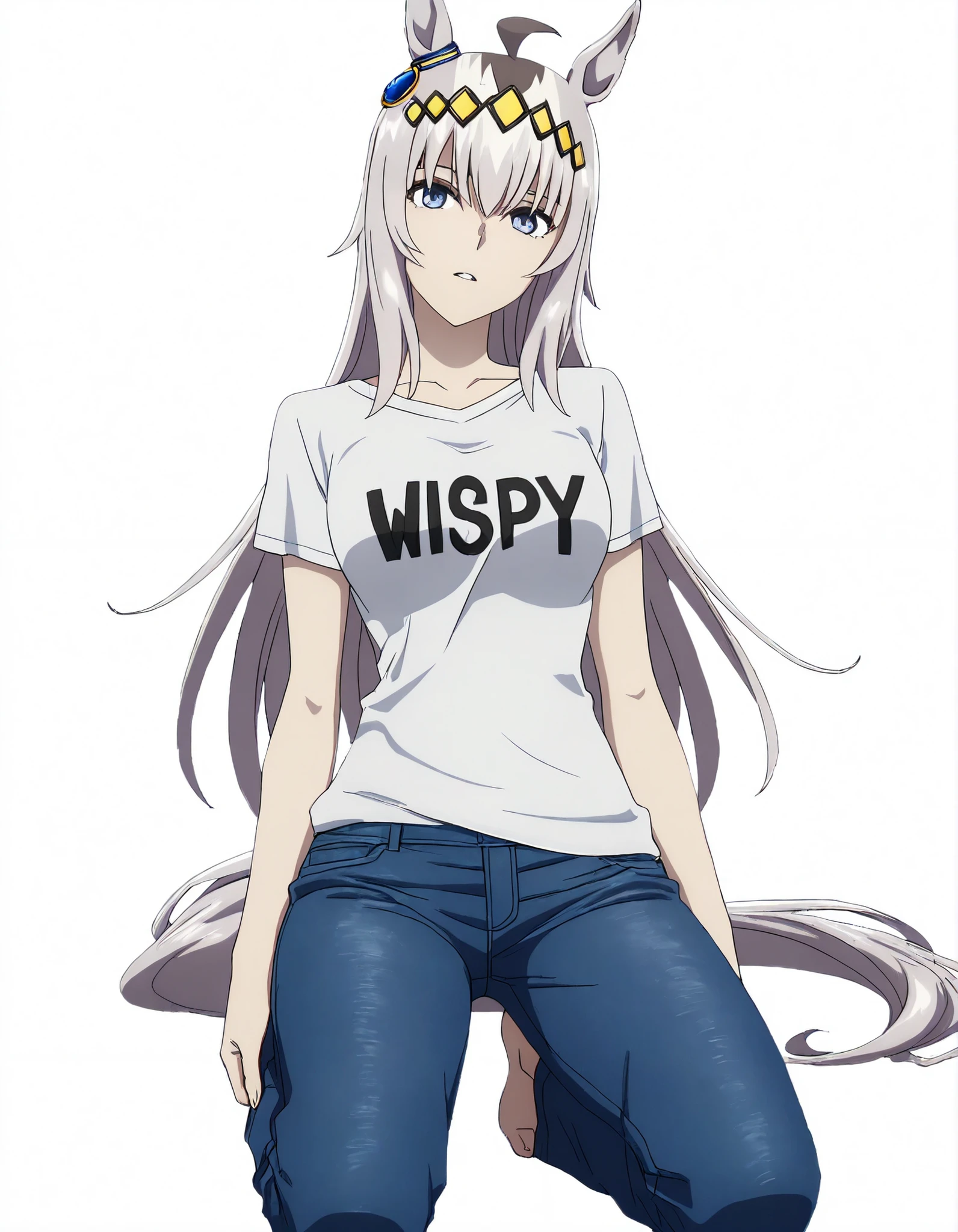 Oguri,,Uma Musume
Watch high quality , Highest Quality , masterpiece, high resolution , detailed face( Lola: Oguri),anatomically accurate, detailed hair(Lola: Oguri) ,Detailed Bang(Lola: Oguri),Anime Coloring Book, anime screencap, anime coloring, ,
solos, 1 Girl, , LONG HAIR, Horse Years, gray hair, stupid hair, horsetail, Blue Eyes, (hair over eyes),(wispy bangs:1.5), (tsurime), Coloured Hair, (detailed hair),
T shirt, half-sleeve, denim pants, long pants, ((aged up:1.2)), medium breasts, pale skin, ,
looking at viewer, head tilt, , (white background, simple background),
parted lips, kneeling , in front,