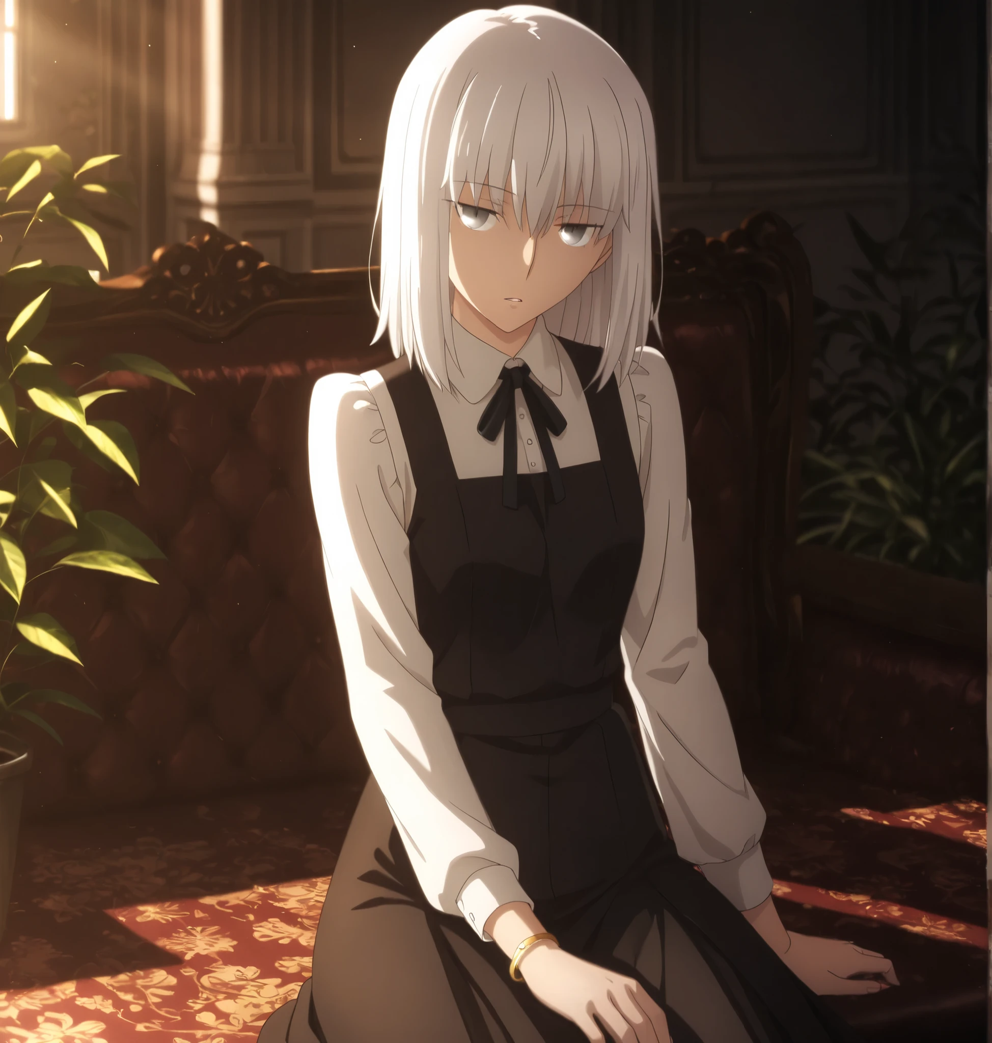 ufotable style ,masterpiece,best quality,good quality,newest, 8k, , from above,
indoors ,((cinematic light, sunlight, backlight)), (sitting ), (plant ,detailed background, mansion),parted lips, , 
expressionless,
looking at viewer, head tilt, bracelet,  ,(hair over eyes:0.9),wispy bangs, long bangs,
solo,
(anime coloring, anime screencap), 
fate heaven`s feel official style, 1 mature girl, wolf cut hair,(white hair, ),(medium hair, ),(tsurime ,jitome), (light gray eyes),slim long arms,(small chest),(tall girl, aged up, :1.31),
cowboy shot, , ,
(short jumper skirt, , mini pinafore, micro jumper, seifuku),neck ribbon, narrow ribbon ,