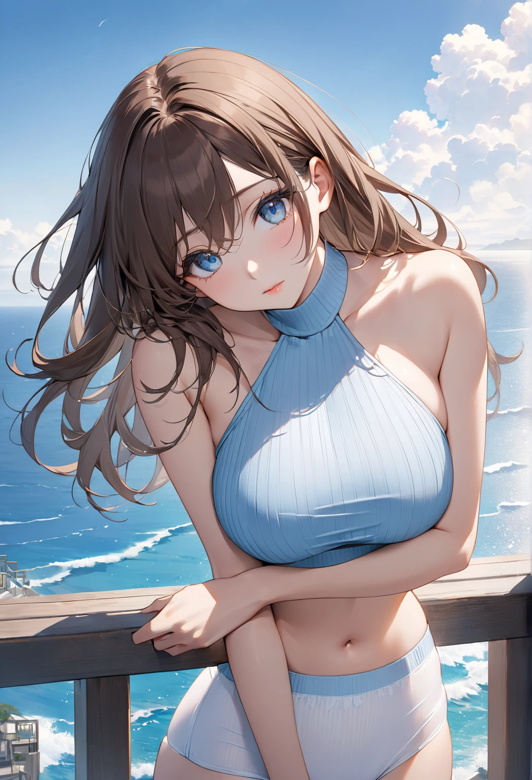 masterpiece:1.2, 8k, real, photorealistic:1.37, Super detailed, 
1 female, Japanese, 22 years old, looking at the viewer:1.5, 
detailed and beautiful eyes, adorable smile,Medium , white skin skin, 
wearing a fine brown turtleneck sweater, 
daytime,