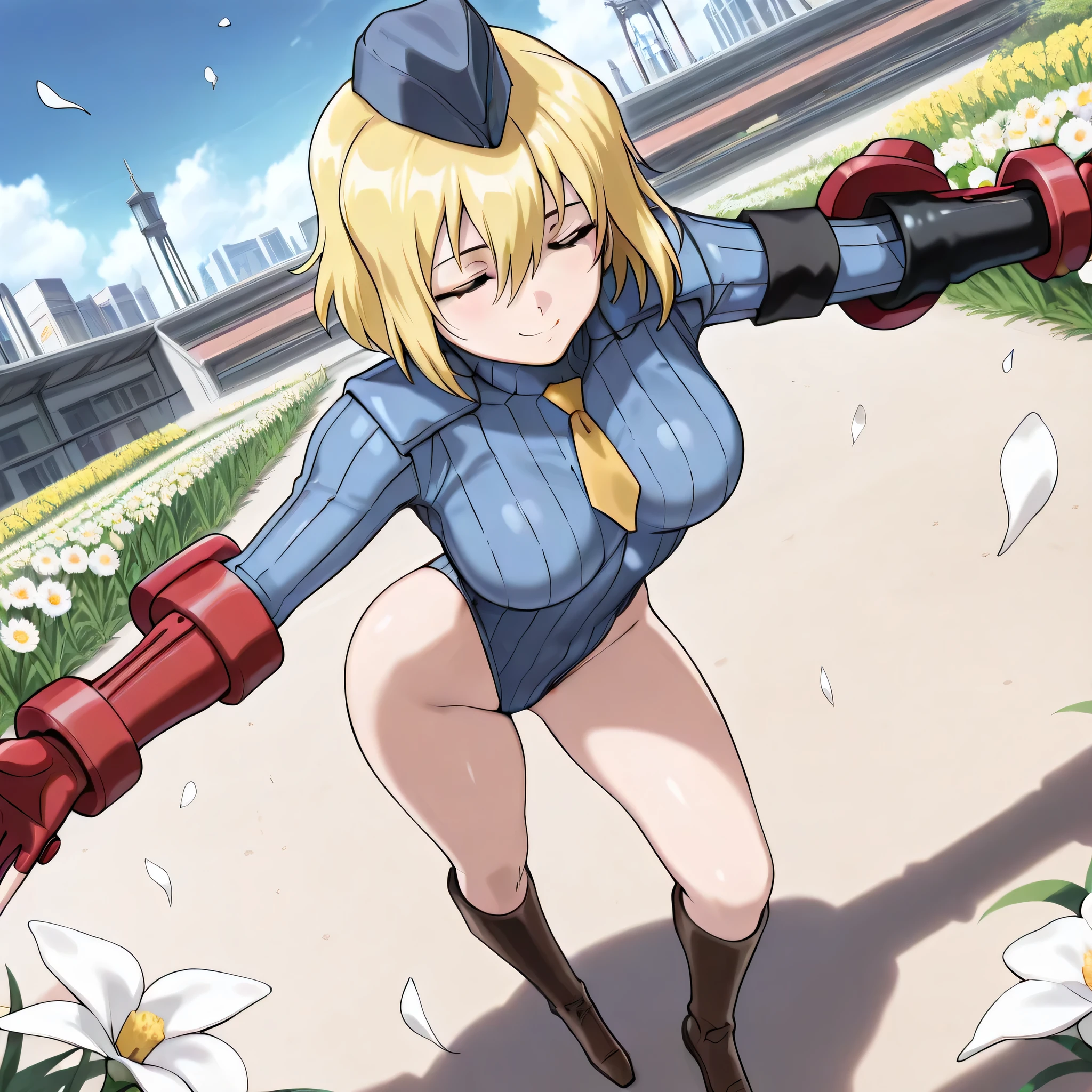 (((Masterpiece))), (((Best Quality))), ((Super Detail)), ultra-High resolution, score_9,score_8_up,score_7_up,score_6_up,score_5_up,score_4_up, BREAK, dappled, anime screencap, uncensored, Masterpiece, (best shadow), (absurdres), (detailed background), (very aesthetic), shiny, detailed beautiful eyes, outstanding, countershading, detailed soft lighting, an exquisite animation illustration, curvy, shadaloo dolls, red gloves, hat, fingerless gloves, gauntlet, red gauntlet, leotard, cosplay, highleg, highleg leotard, garrison cap, dark persona, ribbed leotard, yellow necktie, (((solo, 1girl))), hair ornament, seductive pose, submissive pose, anime style, anime coloring, animification, megami magazine, sexy pose, dynamic angle, cinematic angle, dutch angle, dynamic composition, medium breast, STELLAR Loussier, short hair, blonde hair, hair between eyes, closed eyes, dancing, ballet, full body, looking from above, view from above, from above, flower field, flower petals, petals, flower, white flower, wind, windy, spreading hands, spreading arms, smile, happy, happiness