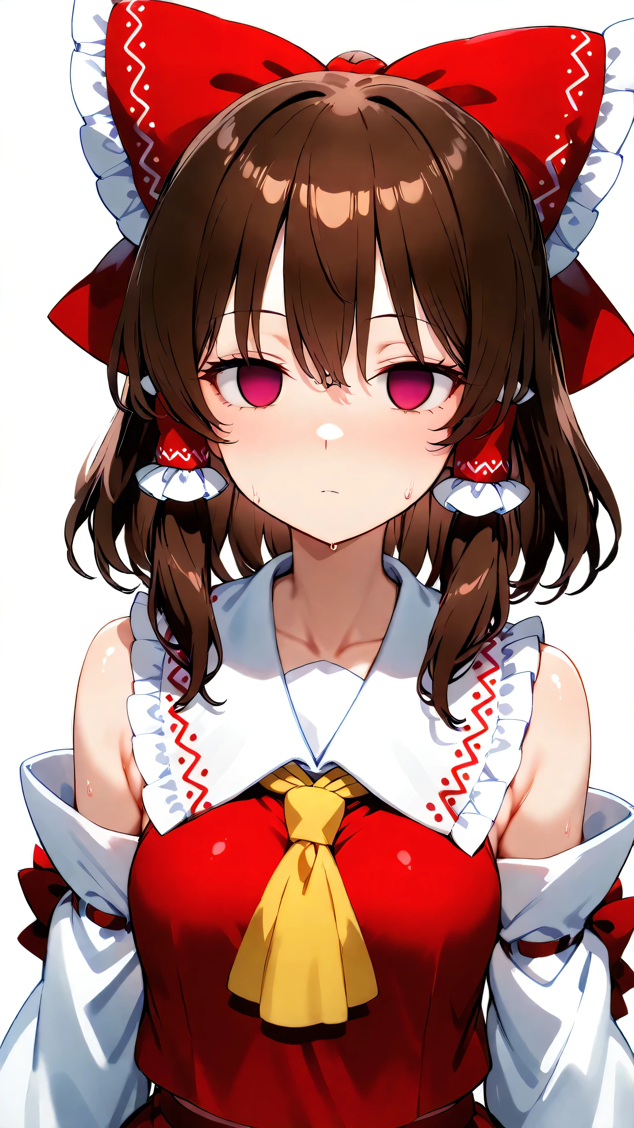 ,empty eyes,,hakurei reimu (touhou).pink eyes.Not posing.Physical darkness around the eyes.Don't darken your eyes.Brighten eyes.Physically brighten your face..expressionless.Mouth slightly open
