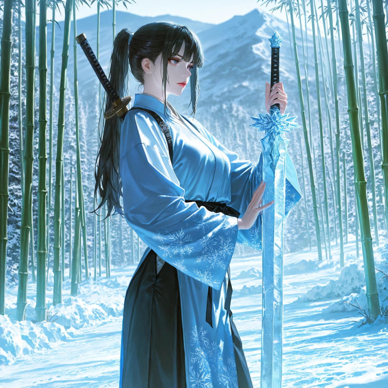 (woman swordswoman、Hold the sword、Iai-no-I、Japanese Katana Sword）（Masterpiece 1.4, Best Quality 1.4）,1girl,  (Detailed skin, Detailed and Beautiful Face 1.4), Bow, Long hair, A dark-haired , Hair fluttering in the wind, White and blue kimono, Blood-stained kimono, Sandals, Official art, Good composition, Official Pose, detailed portrait, Clouds and mountains background, Samurai, High resolution, Dramatic lighting and shadows, snow escape, In the front of waterfall in the forest.