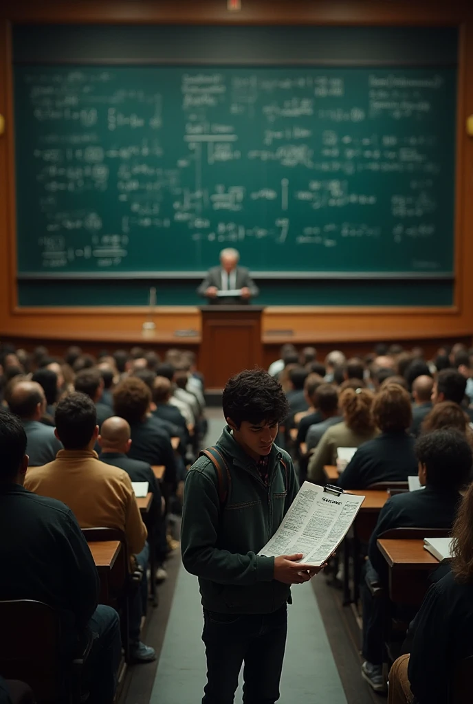 A wide shot of a large university lecture hall filled with diverse ...