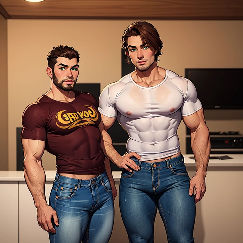 Photo_Comparison  NSFW, a group of three handsome men in casual clothes hanging out in a living room,sitting on a coach watching TV, phone, cellphone, smartphone, holding, award winning photo, muscular men, surrounded by naked men, porn model, perfect face, seductive look, (perfect penis:1.2),(detailed facial features:1.2), (bukkake:1.2), (huge amount of dripping sperm on his body and hair:1.1), being manhandled by group of men with penises, cinematic lighting, reflections, HDR, 8k resolution, realistic,  <lora:Photo_Comparison-v2:1>