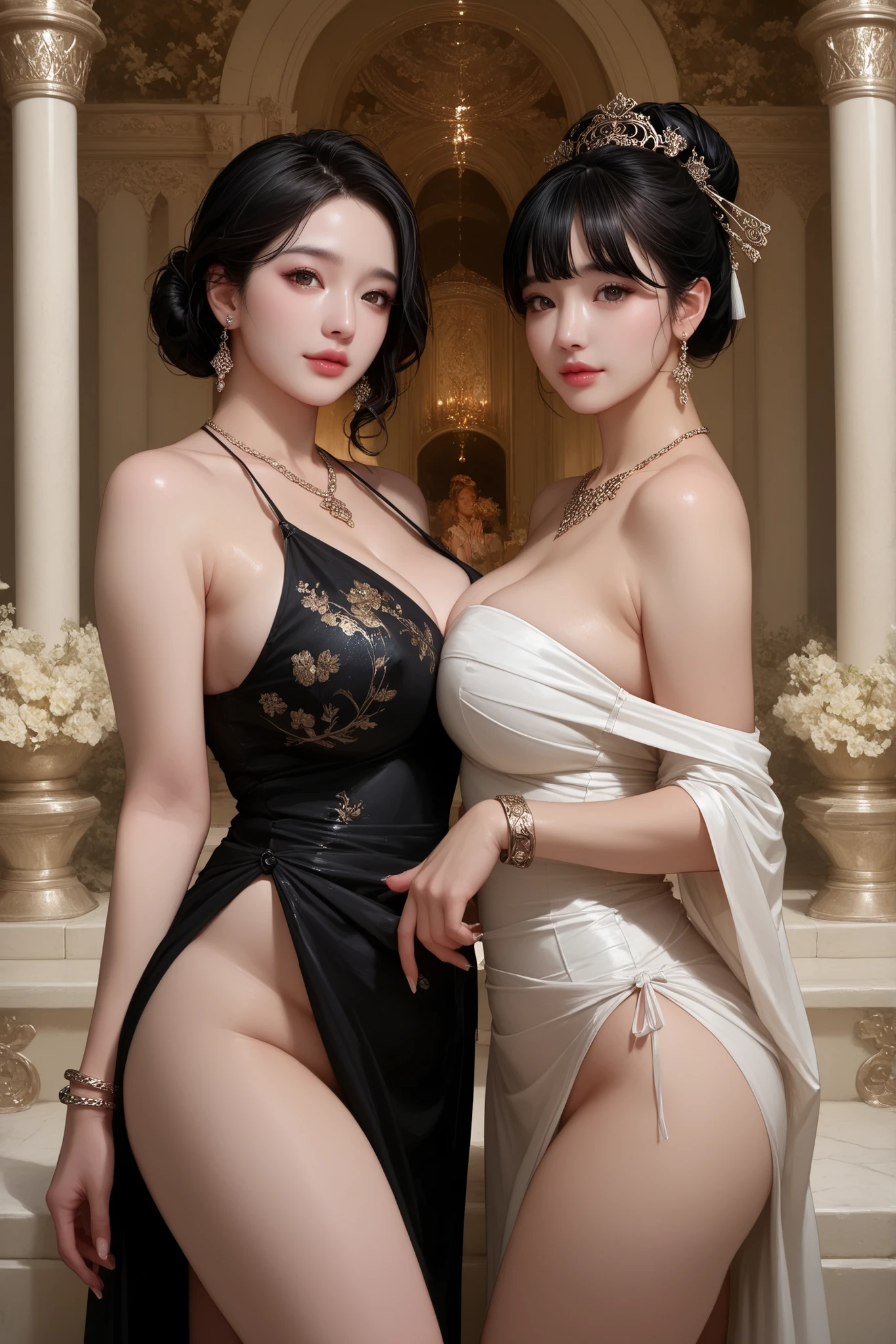 Two Asian women in orange haute couture dresses pose for a photo shoot, Pose together in an orange haute couture dress, Embroidery of large roses,Colossal ,爆乳,Colossal tits,twins, Engaging pose, two models in the frame, Hot with shining sun, , Korean Girl, Two girls, sakimichan hdri, beautiful Korean women, Gorgeous young Korean woman, Realistic Young Gravure Idol, beautiful gemini twins