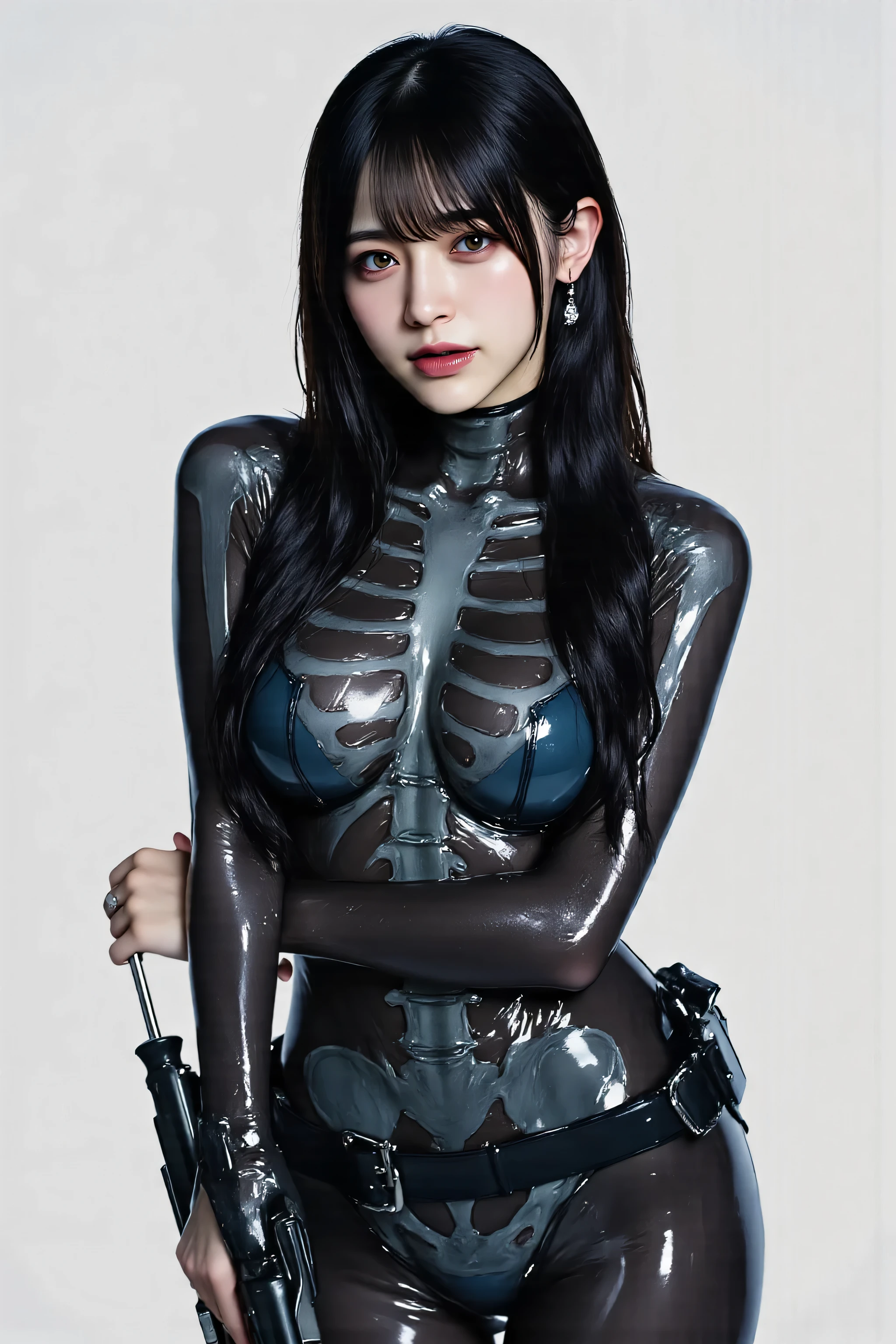 (((the ancient paper umbrella with one foot} treads like:2.0))),(((HR Gigger style cyberpunk atmosphere:2.0))),(((holds 2 cyberpunk-style submachine guns:2.0))),((points a muzzle at the viewer:2.0)),standing in the teacher's house,((Full Body:2.0)),one woman,(pretty face:2.0),(Beautiful well-balanced face :2.0),((wavy black hair:2.0)),,(beautiful eyes:1.3),glamorous shot of an 18-year-old Japanese woman,Beautiful Slender Body,((Model figure:2.0)),((slim body:1.7)),perfect body line,Ideal Proportions,((big breasts:2.0)),((スリーサイズ90-55-87:2.0)),((G-cup breasts:1.5)),big boobs,Bare thighs,sensual thighs,delicate body,(muscular:1.7),harmonious posture,((Realistic breast depiction :1.7)),carefully depicting perfectly anatomical limbs,Hold 2 cyberpunk-style submachine guns that light up with colorful LEDs,(((translucent skin made of black glass:2.0))),((Holds 2 cyberpunk-style submachine guns made from black transparent glass from the neck down:2.0)),(((Clear skeleton shining with LED:2.0))),((Tactical Holster:2.0)),((((Glass body:2.0)))),Concept Art,(top quality:1.5),(masterpiece:1.5),(超高Resolution),Resolution,UHD,(Fine Drawing),carefully drawn,32k,((realistic skin texture:1.5)),(((super realistic:1.5))),carefully drawn eyelashes,very detailed face,highly detailed female hands,sexy appearance,very sensual,(Blurry, dim background:1.5),professional photography shot with an outside background,(dynamic angles),(Movie Lights:2.0),((Blade Runner Style Lighting:2.0))