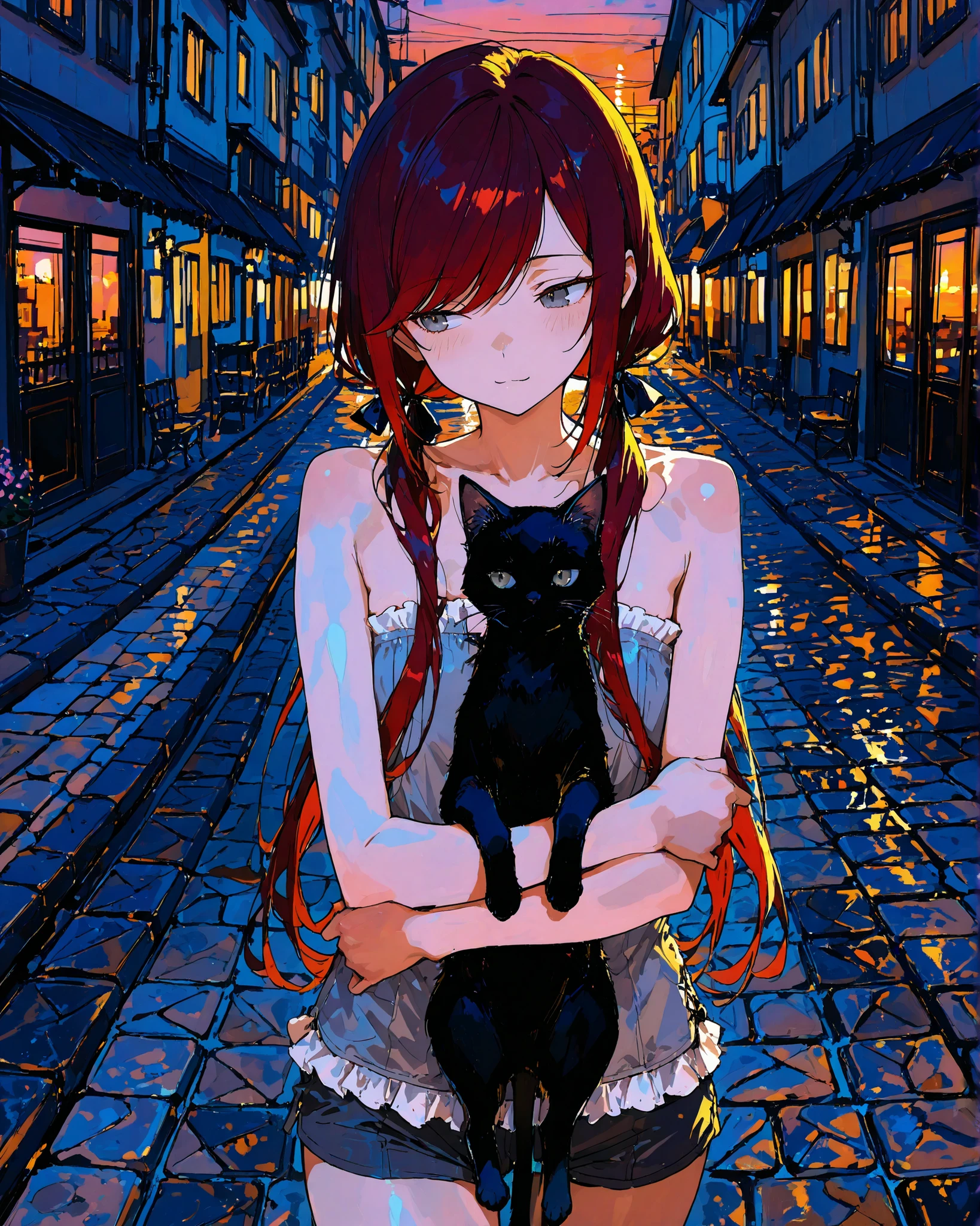 masterpiece, best quality, ultra-detailed, perfect anatomy,
748cmstyle,
gray eyes, dark red hair, long hair, low twin tails, swept bangs, strapless sleeveless shirt, white frill trim, gray shirt, hair ribbons, thin,
anime style, a person gently holding a black cat in their arms while walking through a charming city street, warm sunset lighting, cobblestone streets, cozy and peaceful atmosphere, detailed anime-style architecture, soft shading, cinematic perspective, cute and expressive black cat, soft glow, highly detailed, vibrant colors, intricate background, evening cityscape,