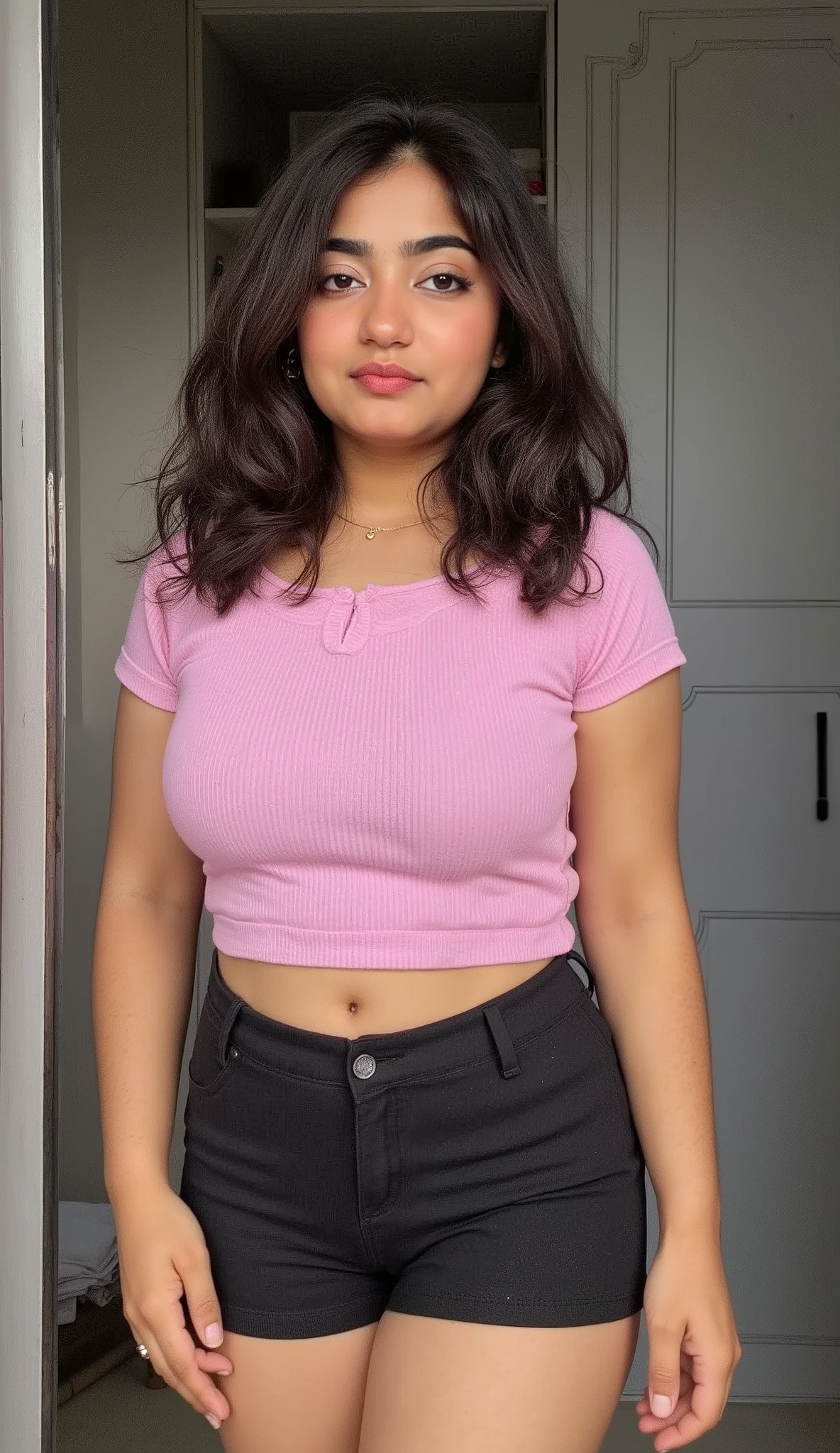 Indian 18 year old girl, (bust 28) waist 30 hip 30, height 165 cm, wearing black mini skirt and pink t shirt, standing in living room.(8k, RAW photo, best quality, depth of field, ultra high res:1.2), (intricate, photorealistic, masterpiece, ultra-detailed).