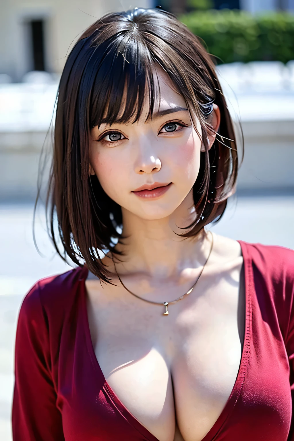 (masutepiece, top-quality、The ultra -The high-definition、Very attractive adult beauty、Add intense highlights to the eyes、Look firmly at the camera:1.4、Absolutely beautiful bangs:1.4、Brunette short bob hair with bangs:1.4),1girl in, 独奏, A dark-haired, scarf, Hats,, realisitic, looking at the viewers, black eyes of light color, shorth hair, coat, Winter clothes, White headscarf, s lips, lipgloss，bangss, The upper part of the body、big eye、Lashes)、((Road system in Italy、Hyperreal Stick:1.4))、((Shorthair with bangs:1.4、Beautiful bangs with 46 points:1.4、{Gigantic|Big|Huge|Mega} breasts, cleavage、big eye、Put very strong highlights in your students、very Bigger breasts、gazing at viewer、Very beautiful beauty、Put your ears out、long neck、little smiling、Beautiful teeth、Open your mouth and smile))、28 year old、Very cute supermodel
