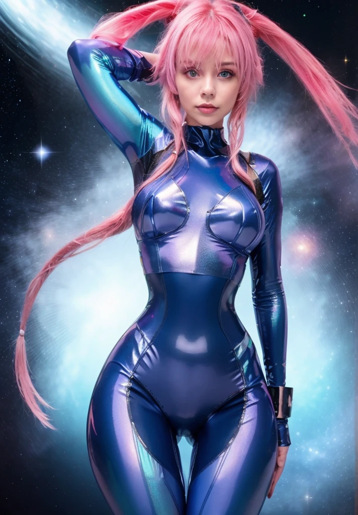 BOMBSHELL GODDESS, MATURE WOMAN, 30 YEARS OLD, HUGE LONG HAIR, PINK HAIR, PALE SKIN, BLUE EYES, LOVELY FACE, ROSY CHEEKS, SHINING PINK , PINK ARMOUR, BLUE DETAILS, BLUE GAUNLETS, SHOCK COLLAR, ATHLETIC CURVY BODY, MUSCLES, EXPOSED TIGHS, MAJESTIC BODY POSE, MITHOLOGY, ROMANTICISM, TENDERNESS, FORREST, SUN, DAYLIGHT, 64 K QUALITY