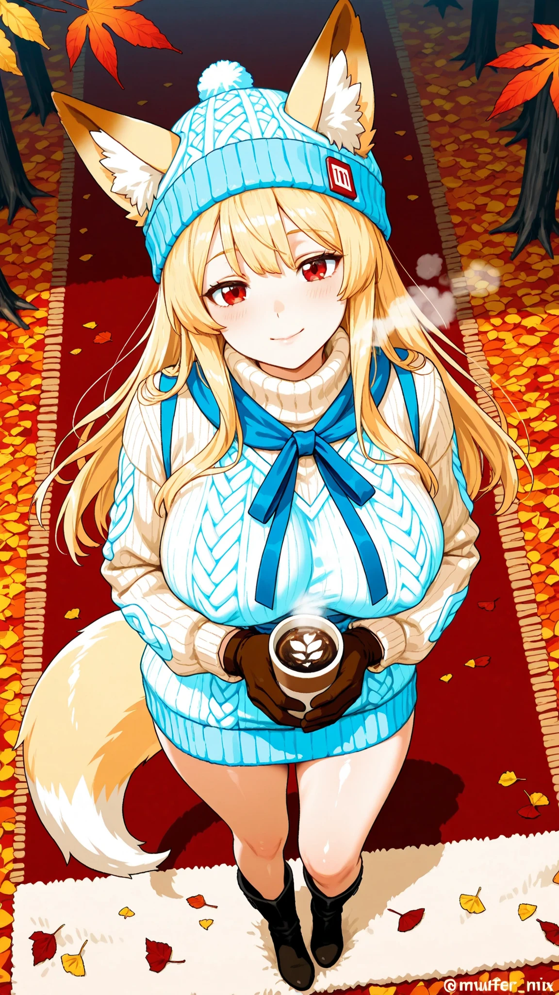 超High Resolution, 8K (High Resolution) (Super Detailed) (masterpiece) (top quality) anime illustration detailed eyes detailed faces Delicate hair detailed wrinkles on clothes very elaborate body fine skin healthy skin tone with ro in the background solo (fox ears) Blonde (Red eye) Small blue ribbon (big boobs) gentle expression holding a deer knitted hat, Thick Sweater, comments, muffler, gloves, boots, holding hot coffee in one hand, Carpet of fallen leaves, Park where autumn leaves and snow mix, Morning Light, I'm out of breath, gentle expression, Transition from Fall to Winter , soft focus, warm color