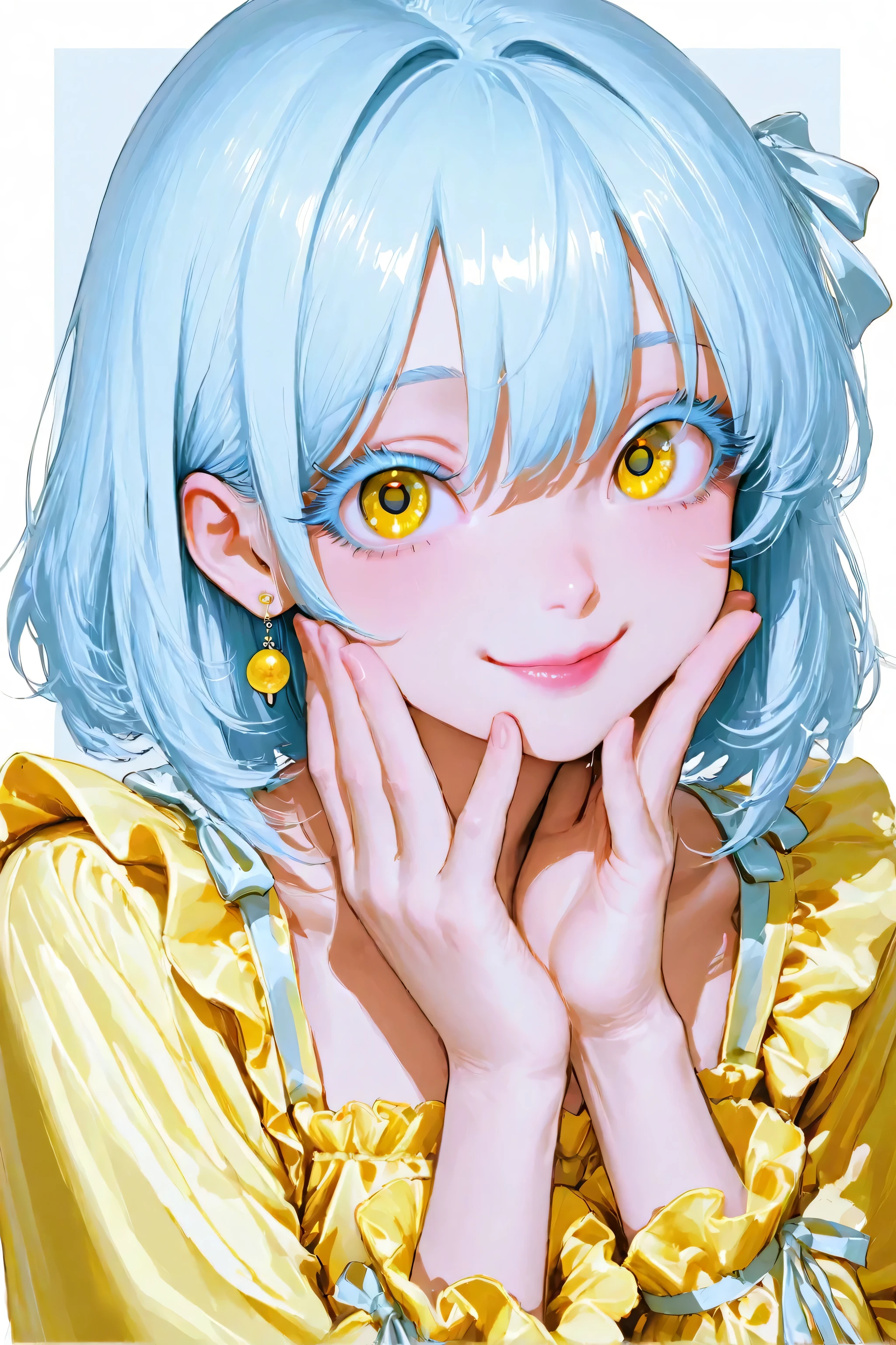 high contrast、Good mood、Elegant、earrings on the back of the foot、、yellow eyes、、masterpiece,top quality,super detailed,8k,pretty girl　 Light Blue Lashes、Yellow Ruffle Long Sleeve Dress　 light blue hair、Small ribbon　、pink lips　、round eyes、smiling、upper body、big eyes、PORTRAIT